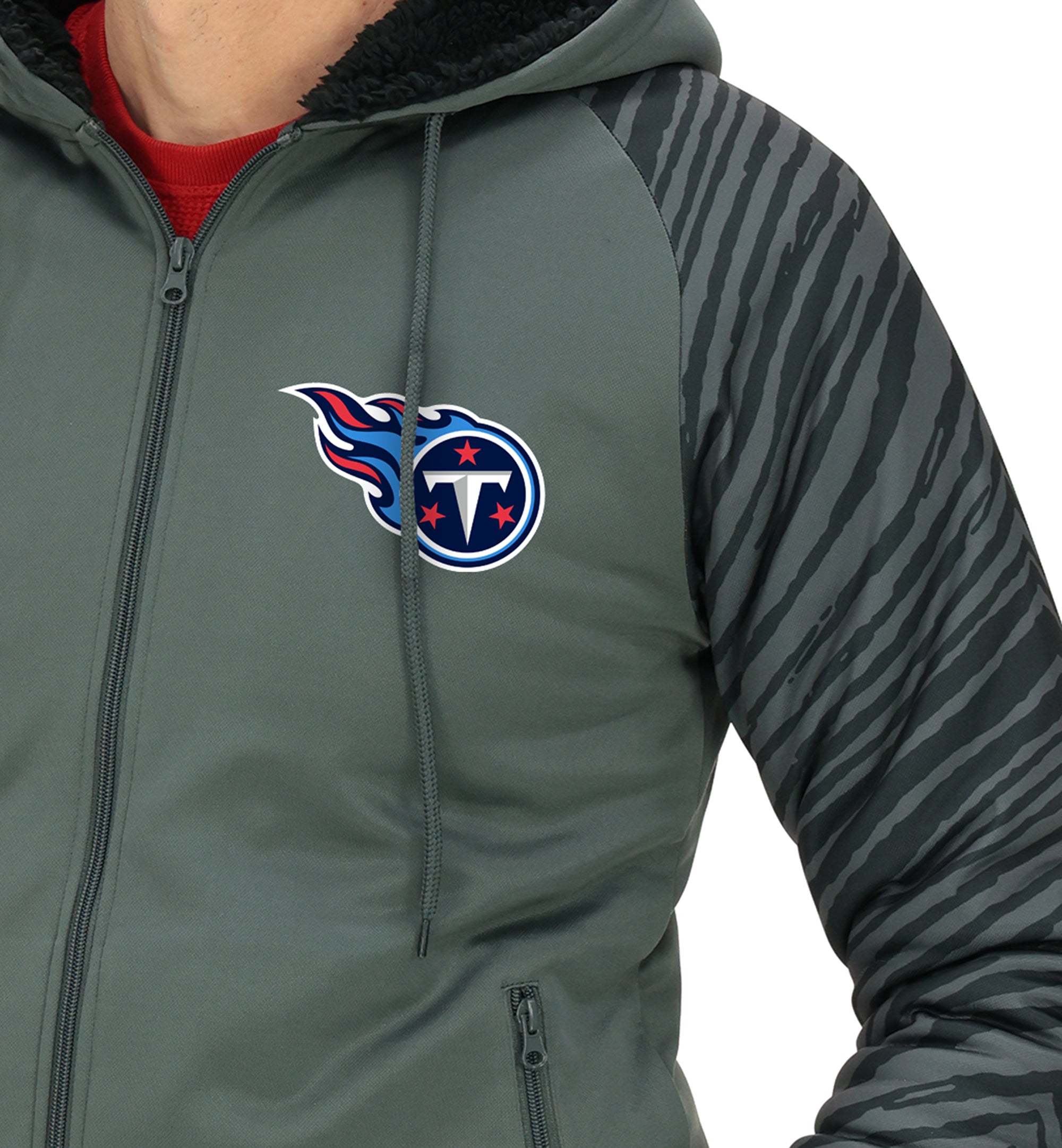 Zubaz NFL   Men's Charcoal Tonal Zebra Sherpa Lined Raglan Full Zip Hoodie, TENNESSEE TITANS