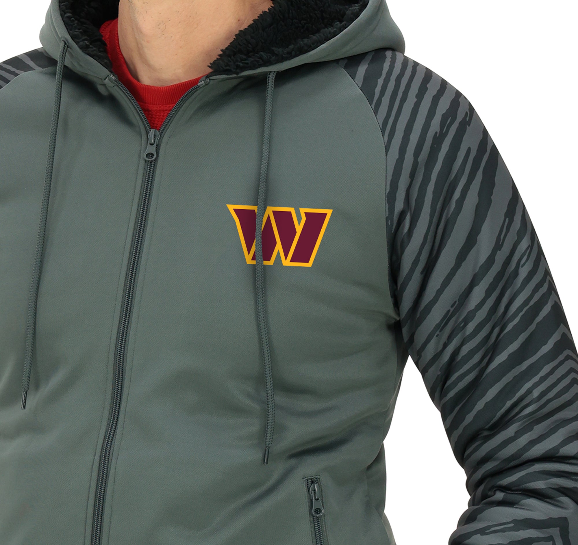 Zubaz NFL   Men's Charcoal Tonal Zebra Sherpa Lined Raglan Full Zip Hoodie, WASHINGTON COMMANDERS