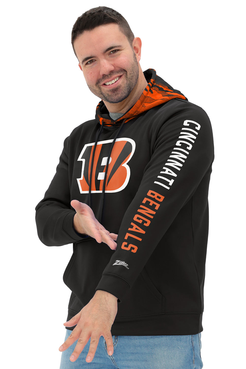 Zubaz NFL   Men's Front and Sleeve Print Camo Line Hood Hoodie, CINCINNATI BENGALS