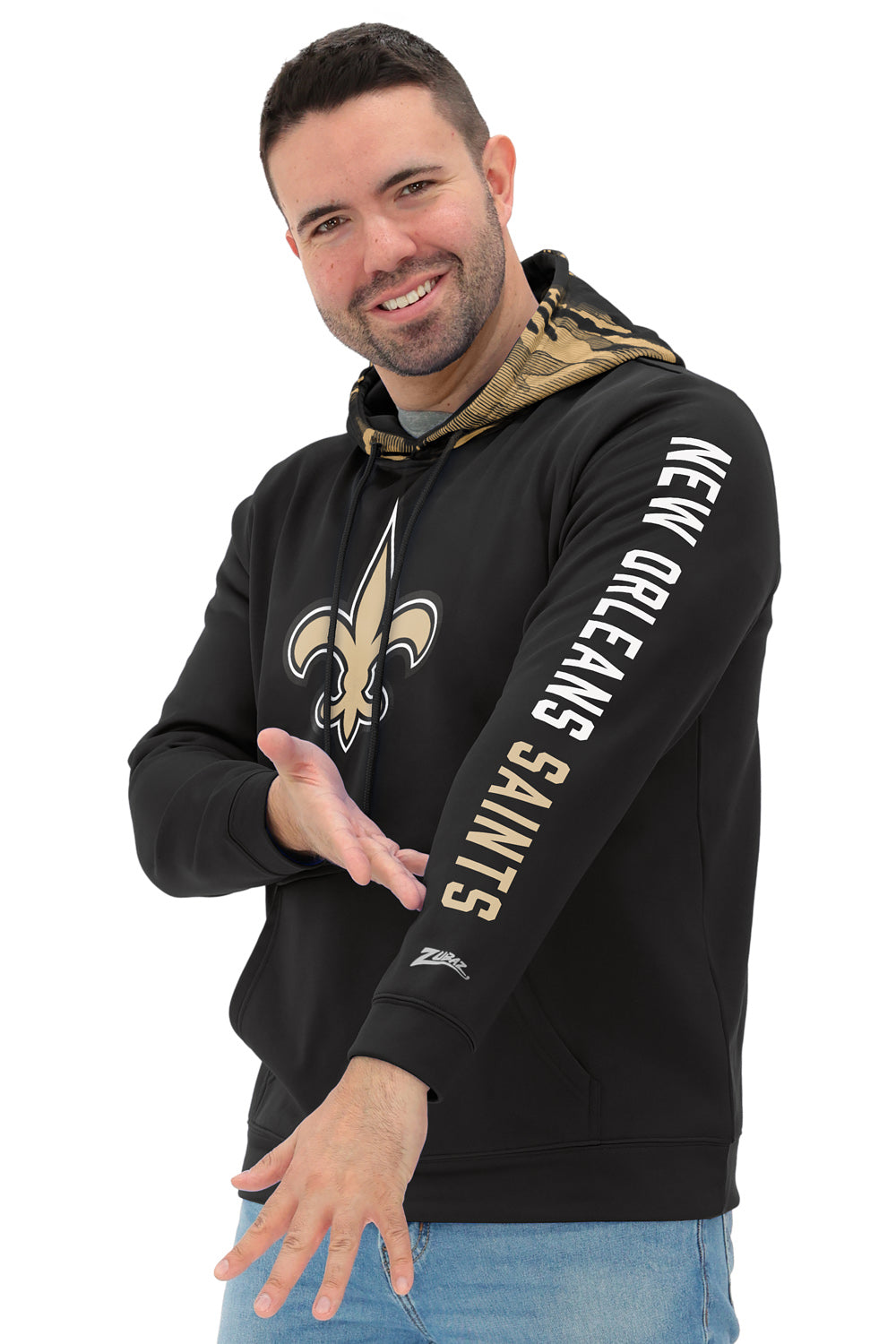 Zubaz NFL   Men's Front and Sleeve Print Camo Line Hood Hoodie, NEW ORLEANS SAINTS