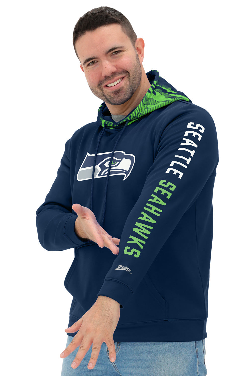 Zubaz NFL   Men's Front and Sleeve Print Camo Line Hood Hoodie, SEATTLE SEAHAWKS