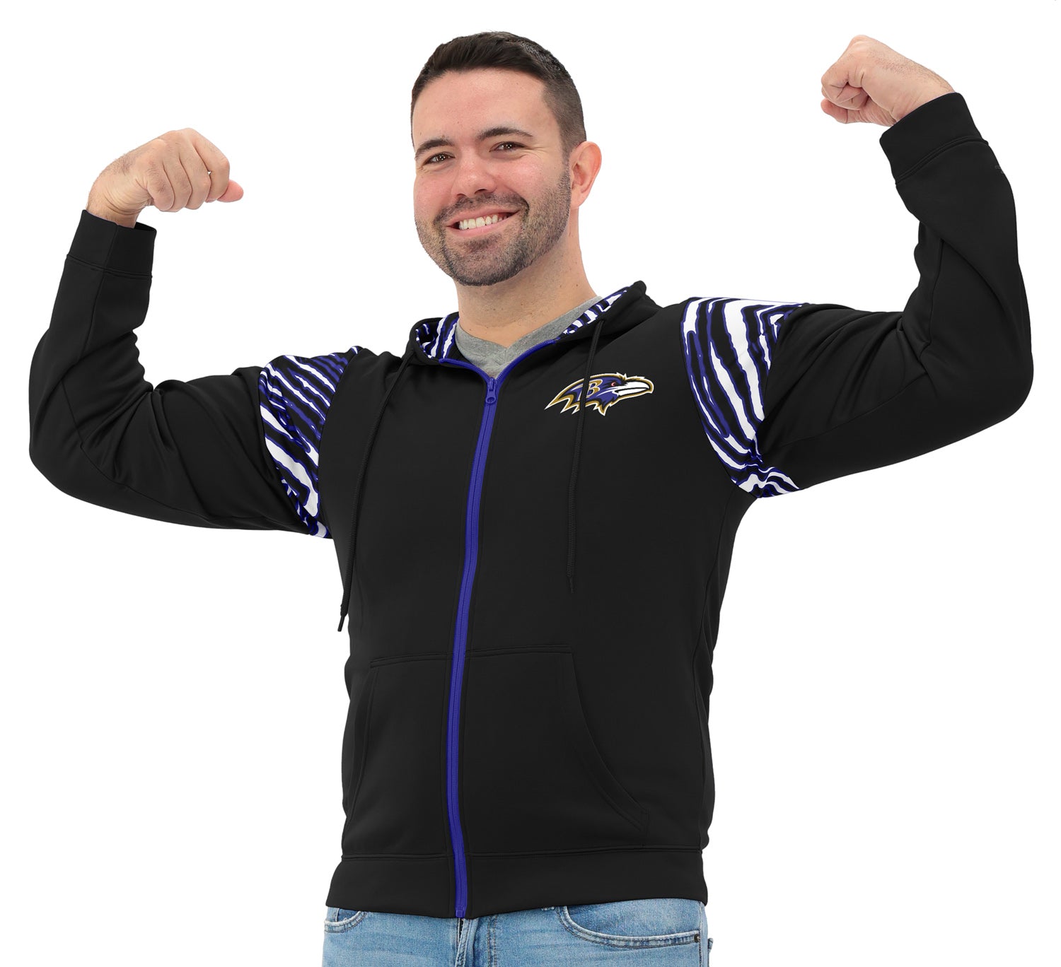 Zubaz NFL   Men's Play Action 3 Color Zebra Bands and Hood Line Full Zip Hoodie, BALTIMORE RAVENS