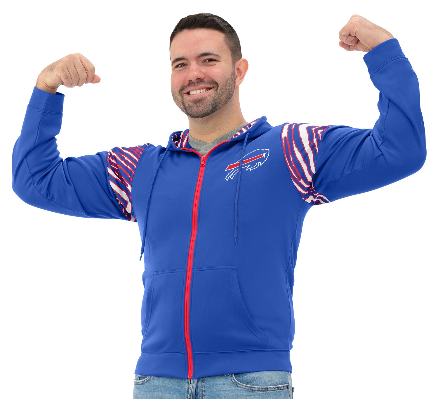 Zubaz NFL   Men's Play Action 3 Color Zebra Bands and Hood Line Full Zip Hoodie, BUFFALO BILLS