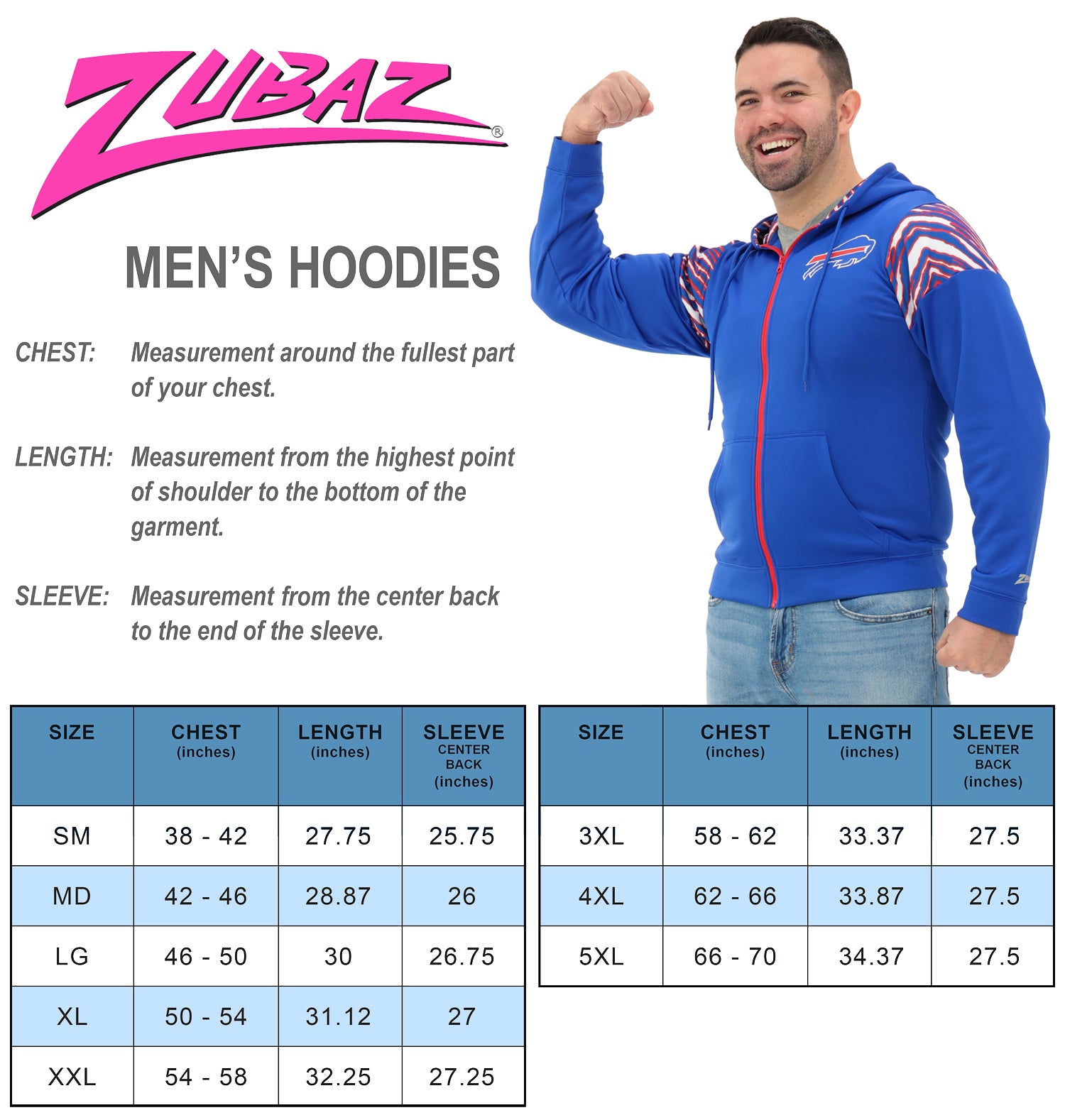 Zubaz NFL   Men's Play Action 3 Color Zebra Bands and Hood Line Full Zip Hoodie, BUFFALO BILLS
