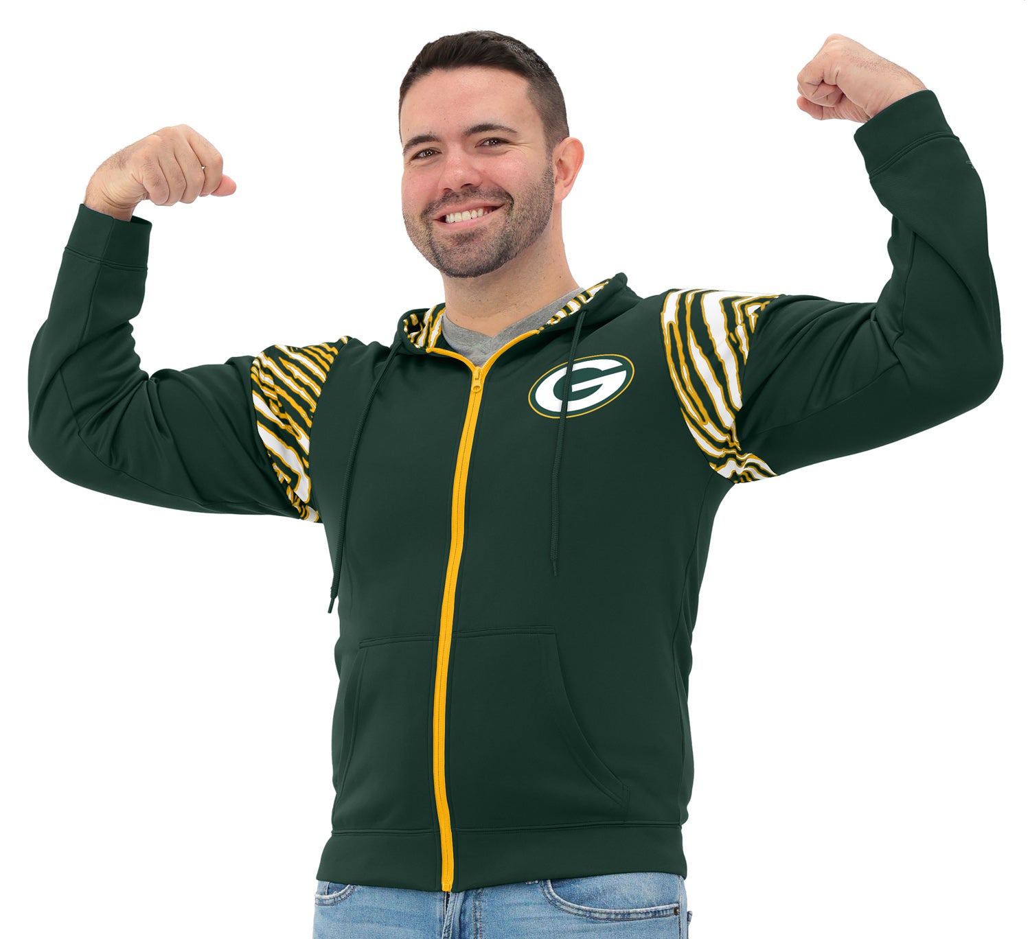 Zubaz NFL   Men's Play Action 3 Color Zebra Bands and Hood Line Full Zip Hoodie, GREEN BAY PACKERS