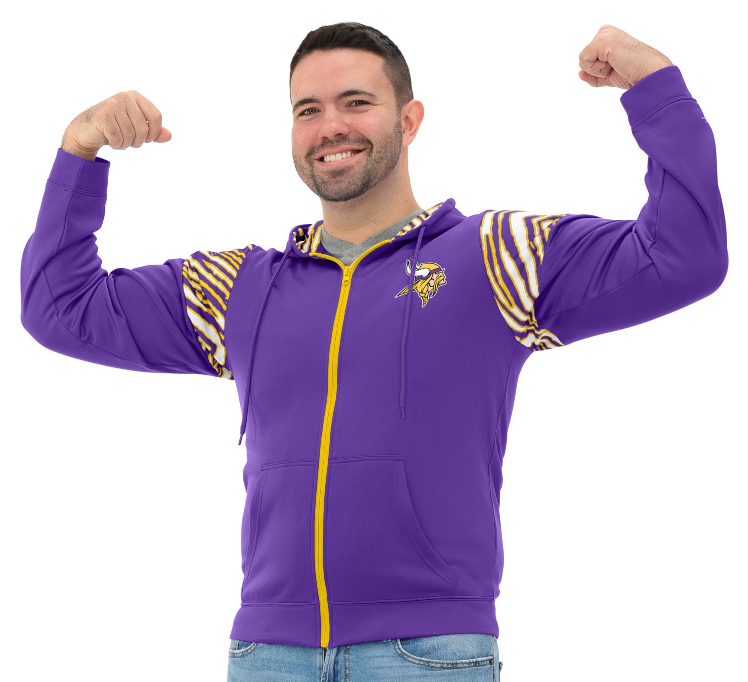 Zubaz NFL   Men's Play Action 3 Color Zebra Bands and Hood Line Full Zip Hoodie, MINNESOTA VIKINGS