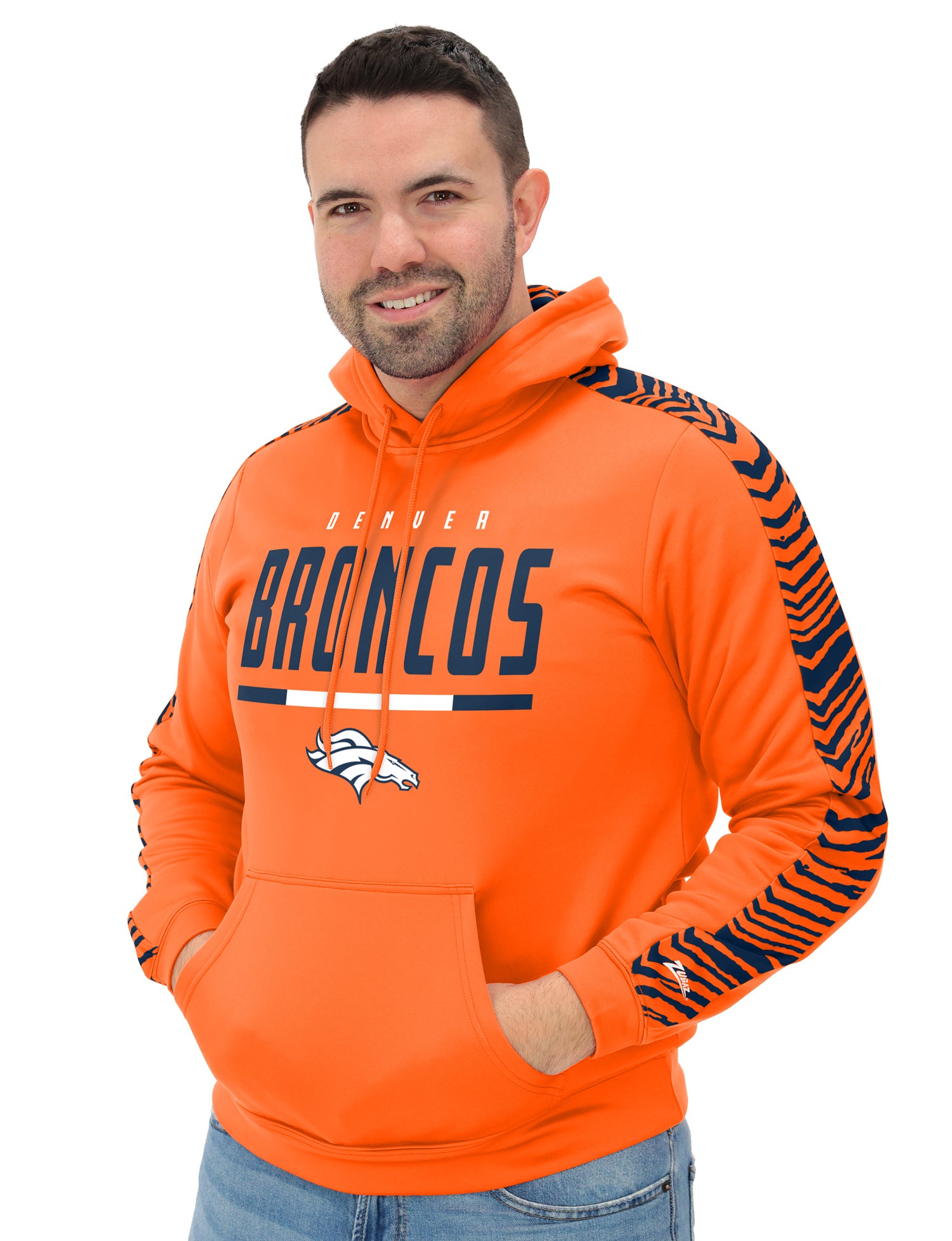 Zubaz NFL   Men's Linebacker Alternate Color 2 Color Zebra Sleeve Panel Hoodie, DENVER BRONCOS