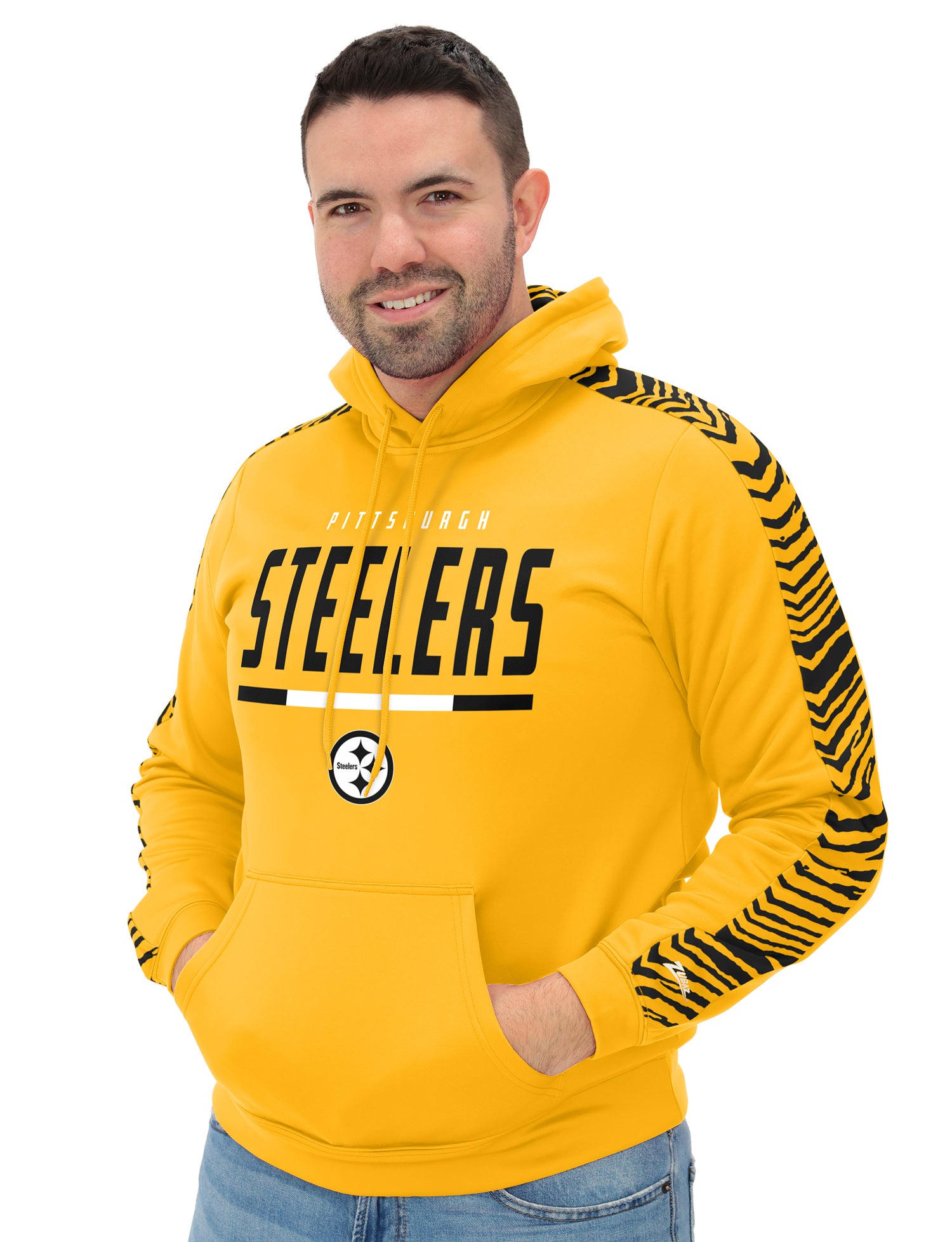 Zubaz NFL   Men's Linebacker Alternate Color 2 Color Zebra Sleeve Panel Hoodie, PITTSBURGH STEELERS