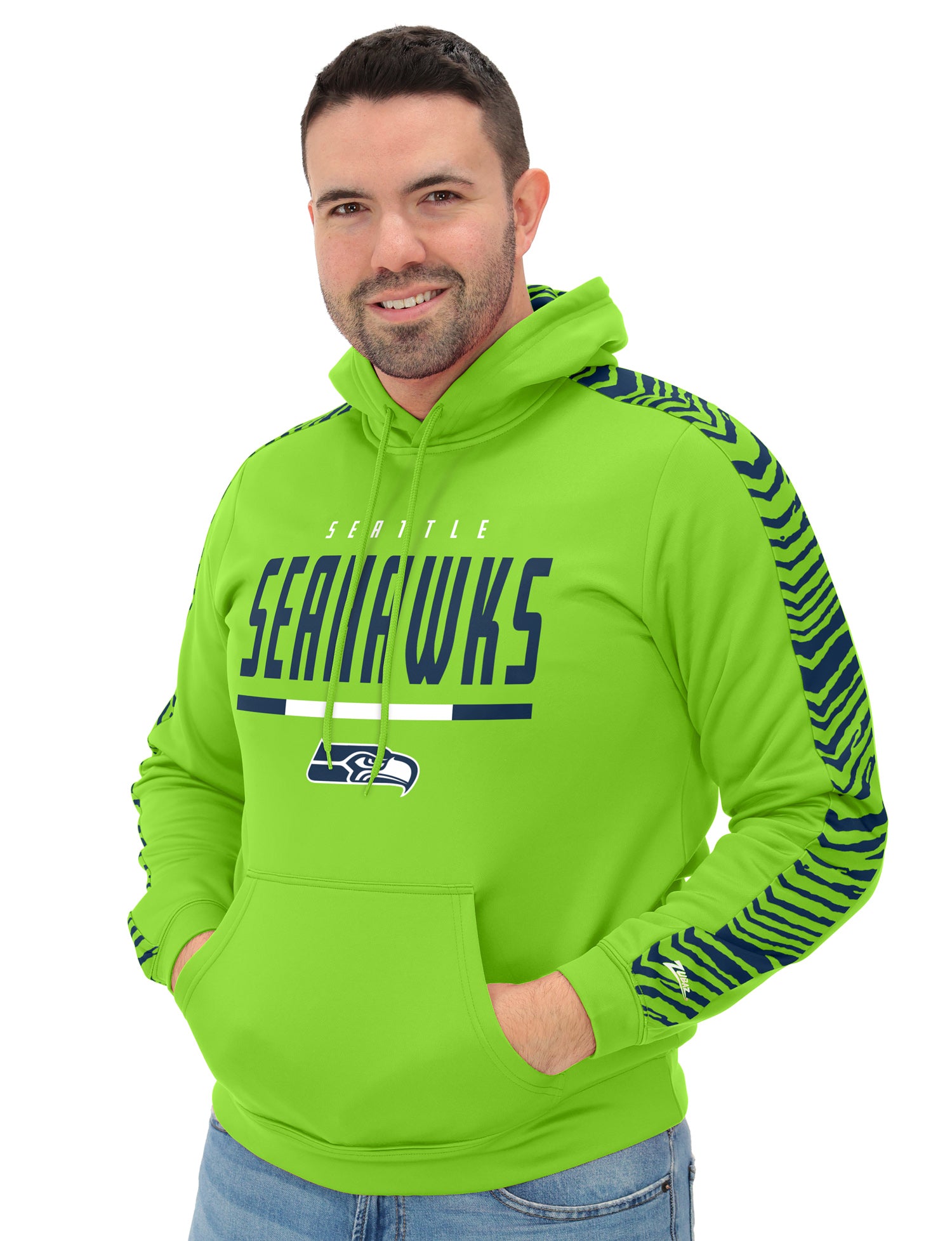 Zubaz NFL   Men's Linebacker Alternate Color 2 Color Zebra Sleeve Panel Hoodie, SEATTLE SEAHAWKS