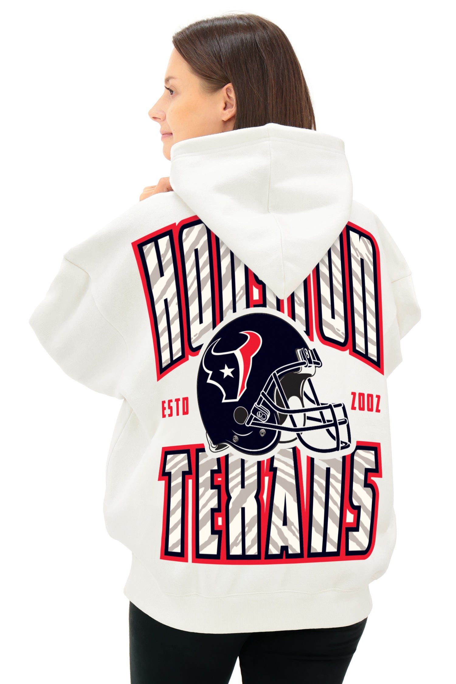 Zubaz NFL  UNISEX 90s Helmet Drop Shoulder Hoodies-Off White, HOUSTON TEXANS