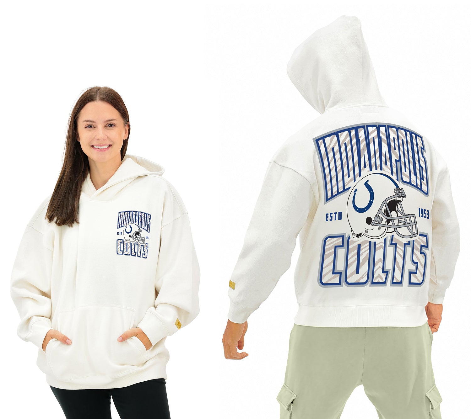 Zubaz NFL  UNISEX 90s Helmet Drop Shoulder Hoodies-Off White, INDIANAPOLIS COLTS - Official NFL Colts Zubaz Apparel (1 of 7)