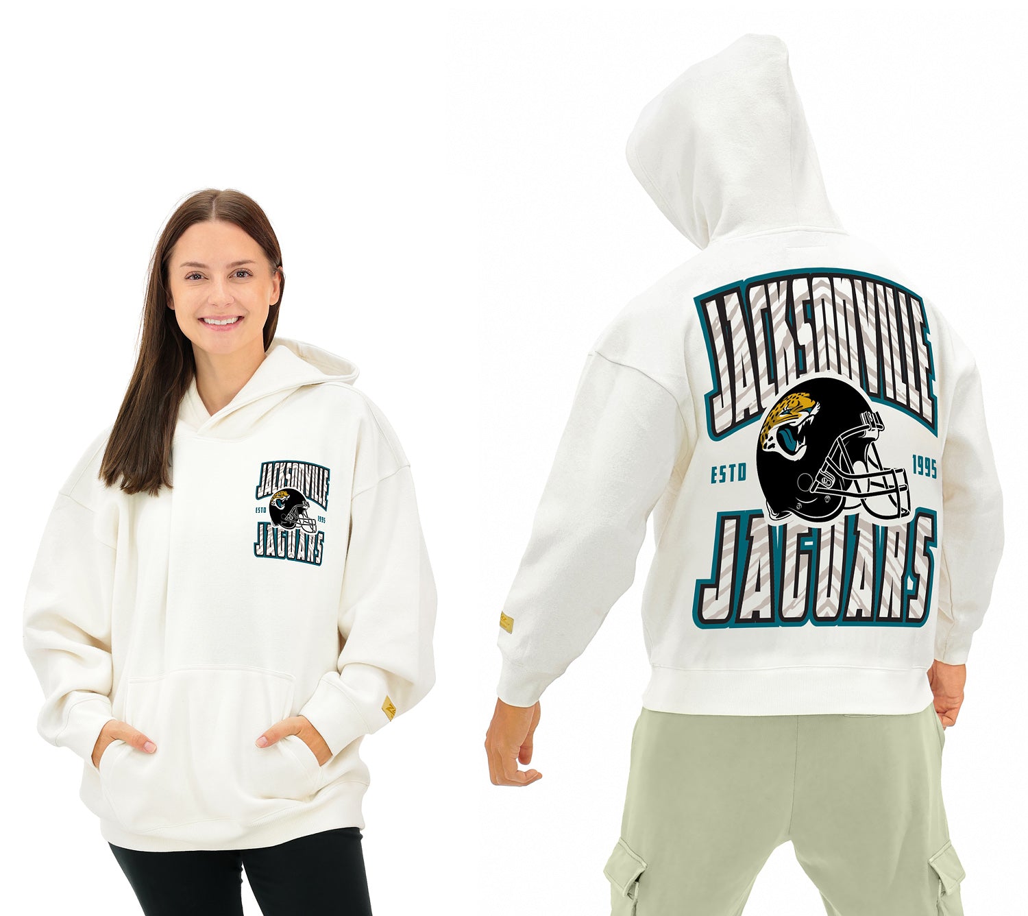 Zubaz NFL  UNISEX 90s Helmet Drop Shoulder Hoodies-Off White, JACKSONVILLE JAGUARS - Official NFL Jaguars Zubaz Apparel (1 of
