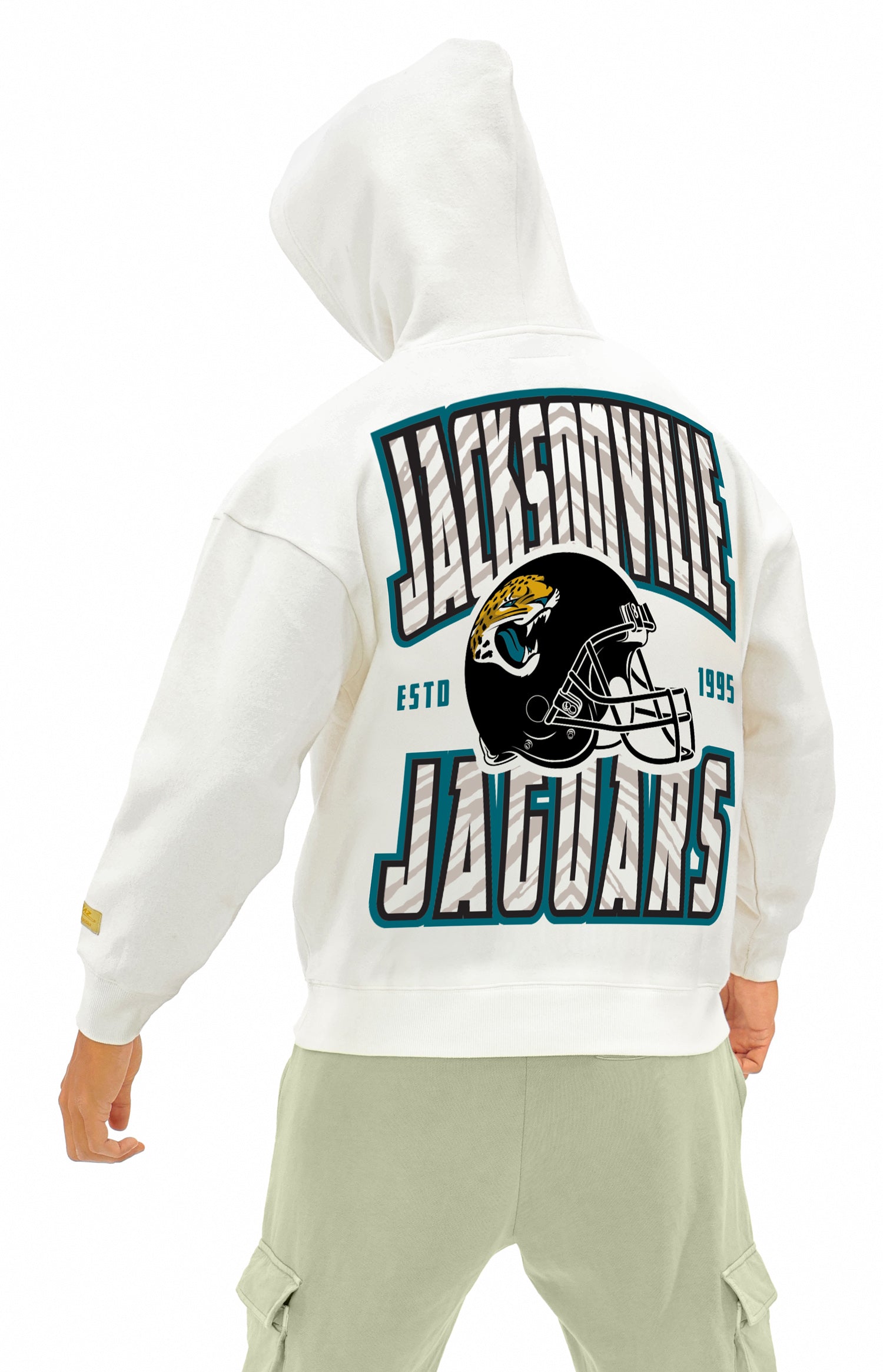 Zubaz NFL  UNISEX 90s Helmet Drop Shoulder Hoodies-Off White, JACKSONVILLE JAGUARS - Official NFL Jaguars Zubaz Apparel (5 of
