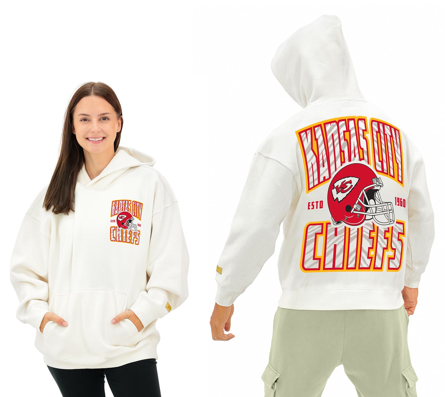 Zubaz NFL  UNISEX 90s Helmet Drop Shoulder Hoodies-Off White, KANSAS CITY CHIEFS