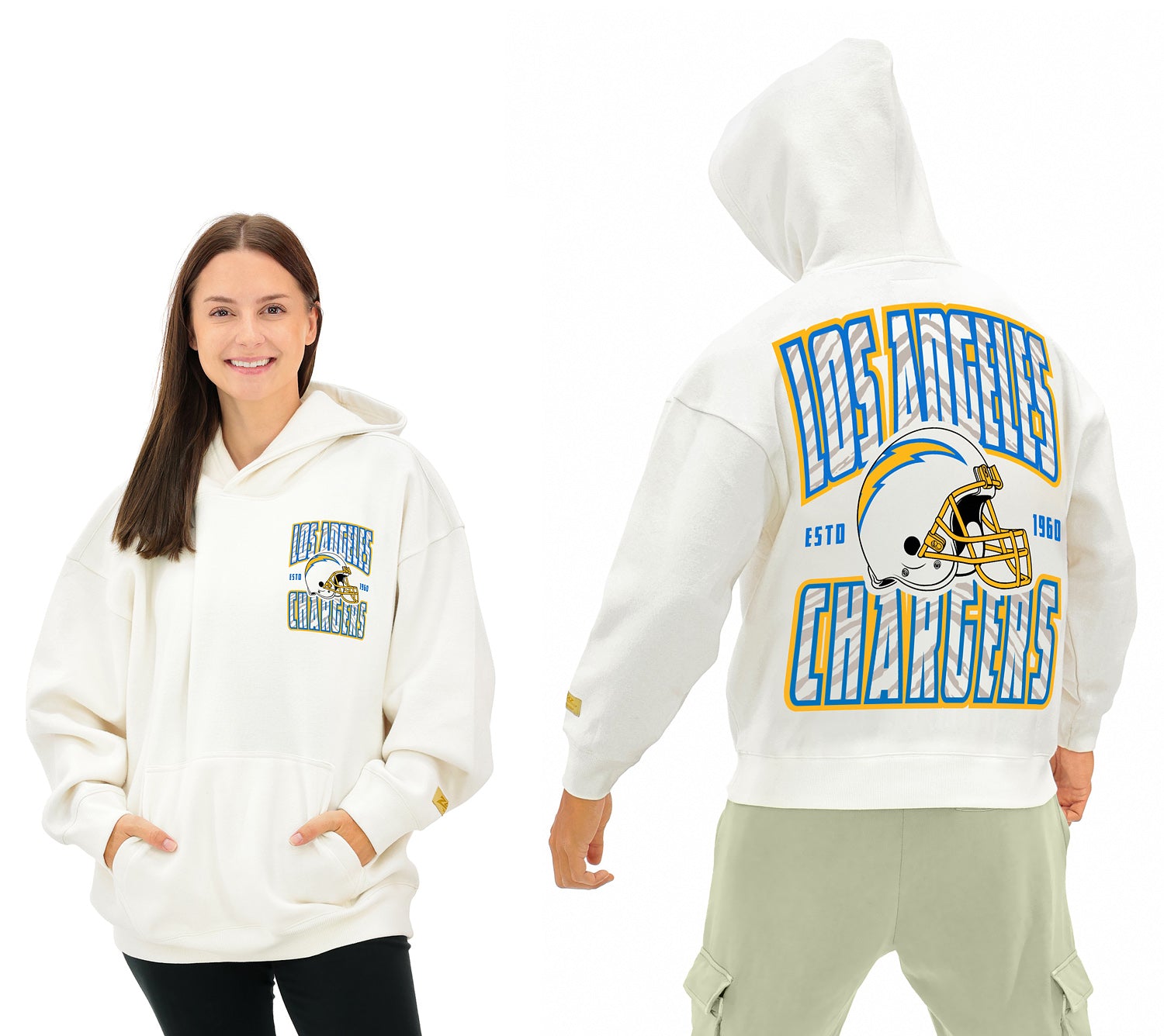 Zubaz NFL  UNISEX 90s Helmet Drop Shoulder Hoodies-Off White, LOS ANGELES CHARGERS