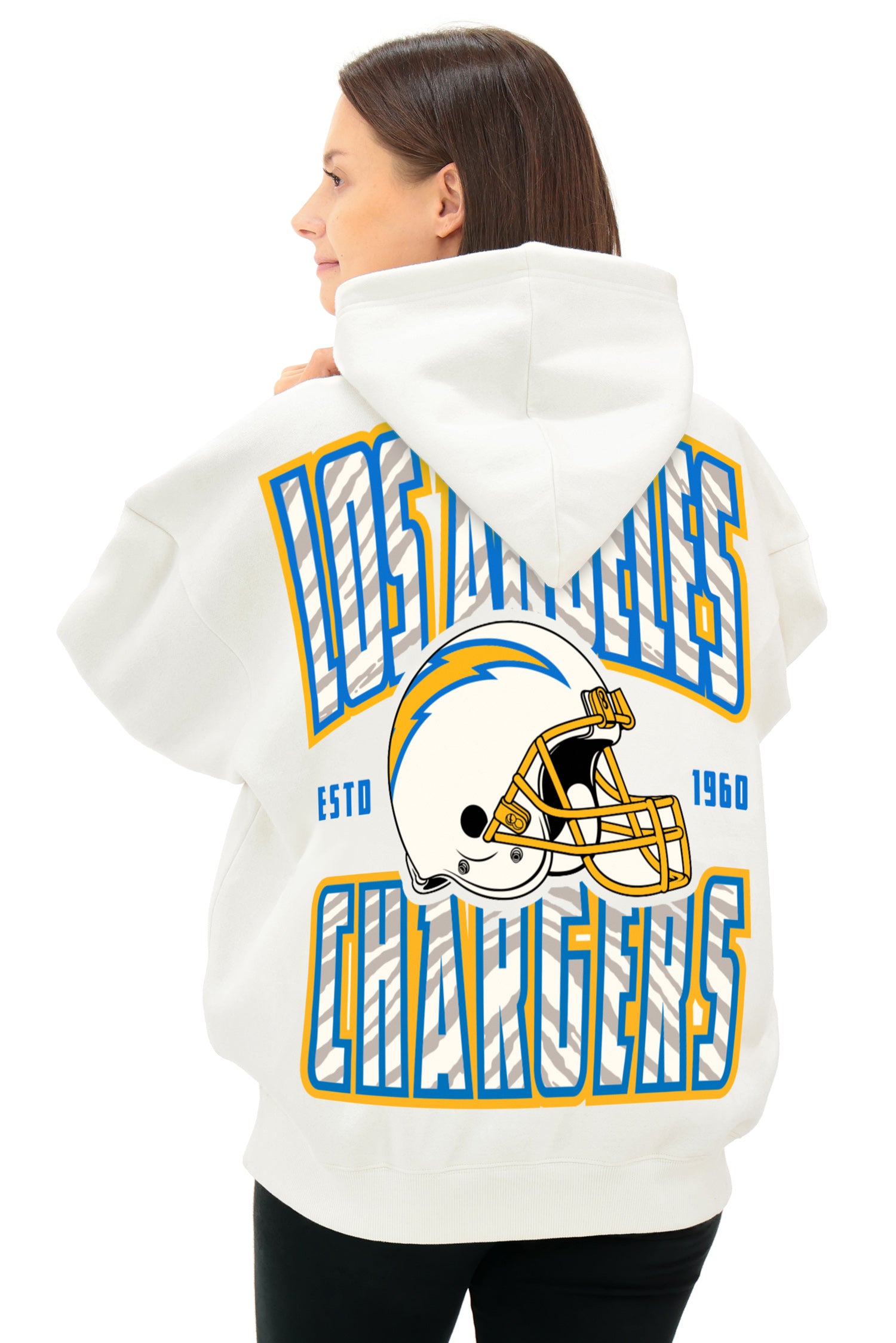 Zubaz NFL  UNISEX 90s Helmet Drop Shoulder Hoodies-Off White, LOS ANGELES CHARGERS