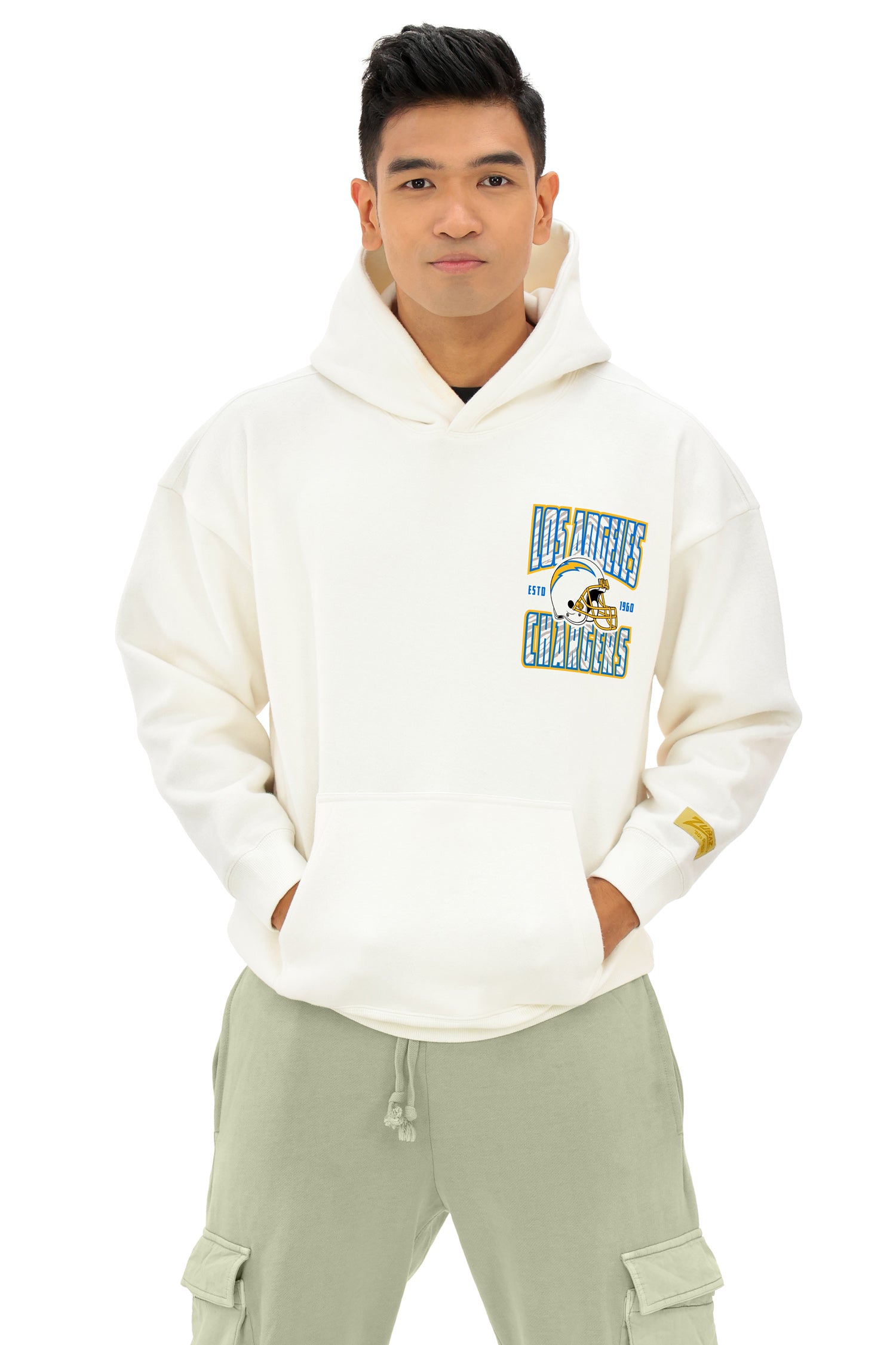 Zubaz NFL  UNISEX 90s Helmet Drop Shoulder Hoodies-Off White, LOS ANGELES CHARGERS