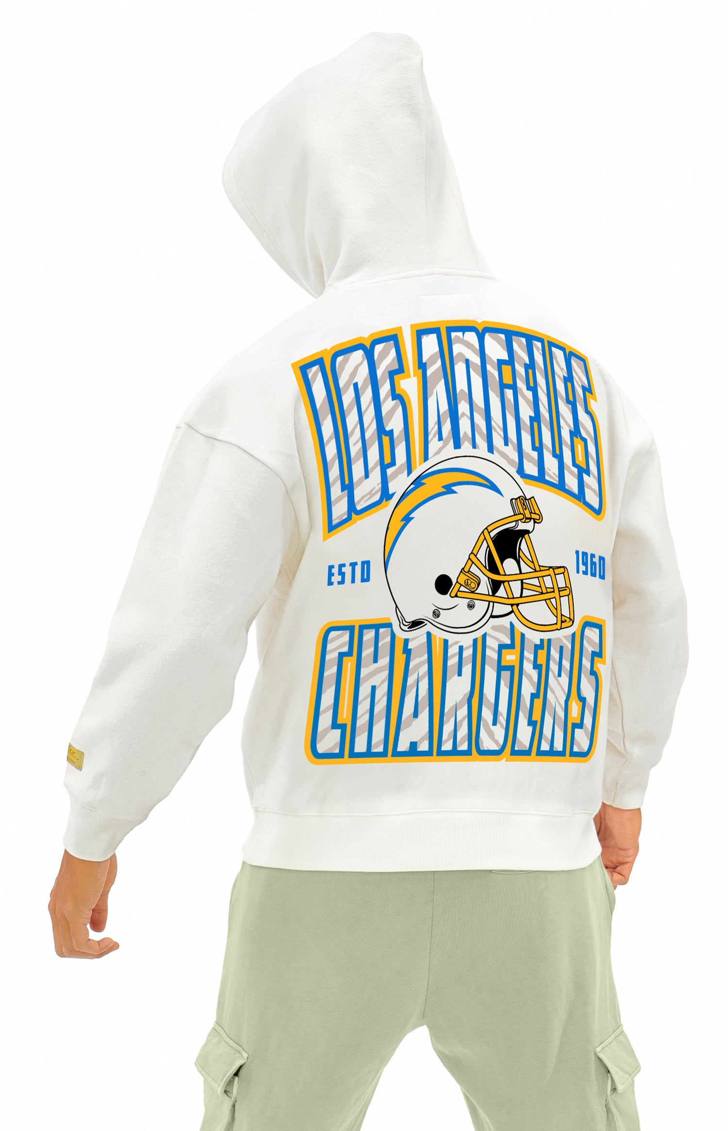 Zubaz NFL  UNISEX 90s Helmet Drop Shoulder Hoodies-Off White, LOS ANGELES CHARGERS