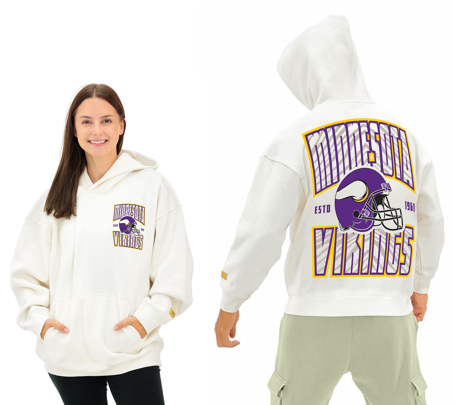 Zubaz NFL  UNISEX 90s Helmet Drop Shoulder Hoodies-Off White, MINNESOTA VIKINGS