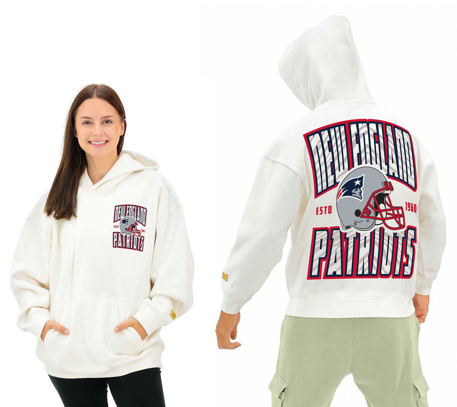 Zubaz NFL  UNISEX 90s Helmet Drop Shoulder Hoodies-Off White, NEW ENGLAND PATRIOTS