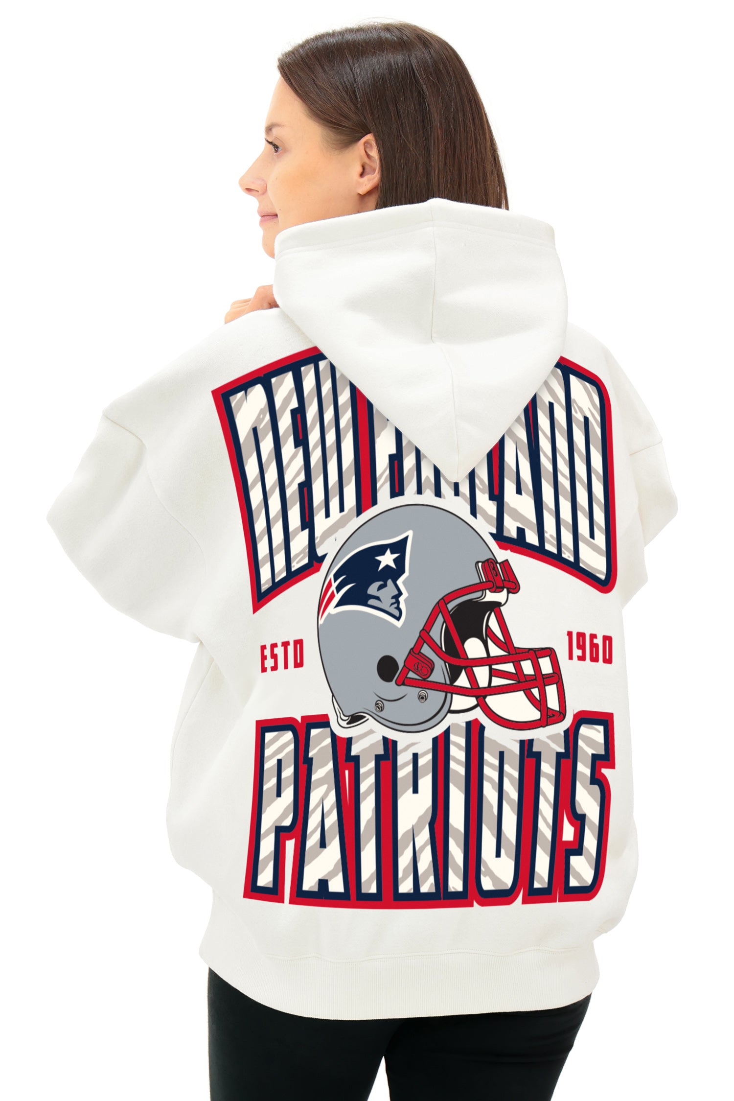 Zubaz NFL  UNISEX 90s Helmet Drop Shoulder Hoodies-Off White, NEW ENGLAND PATRIOTS