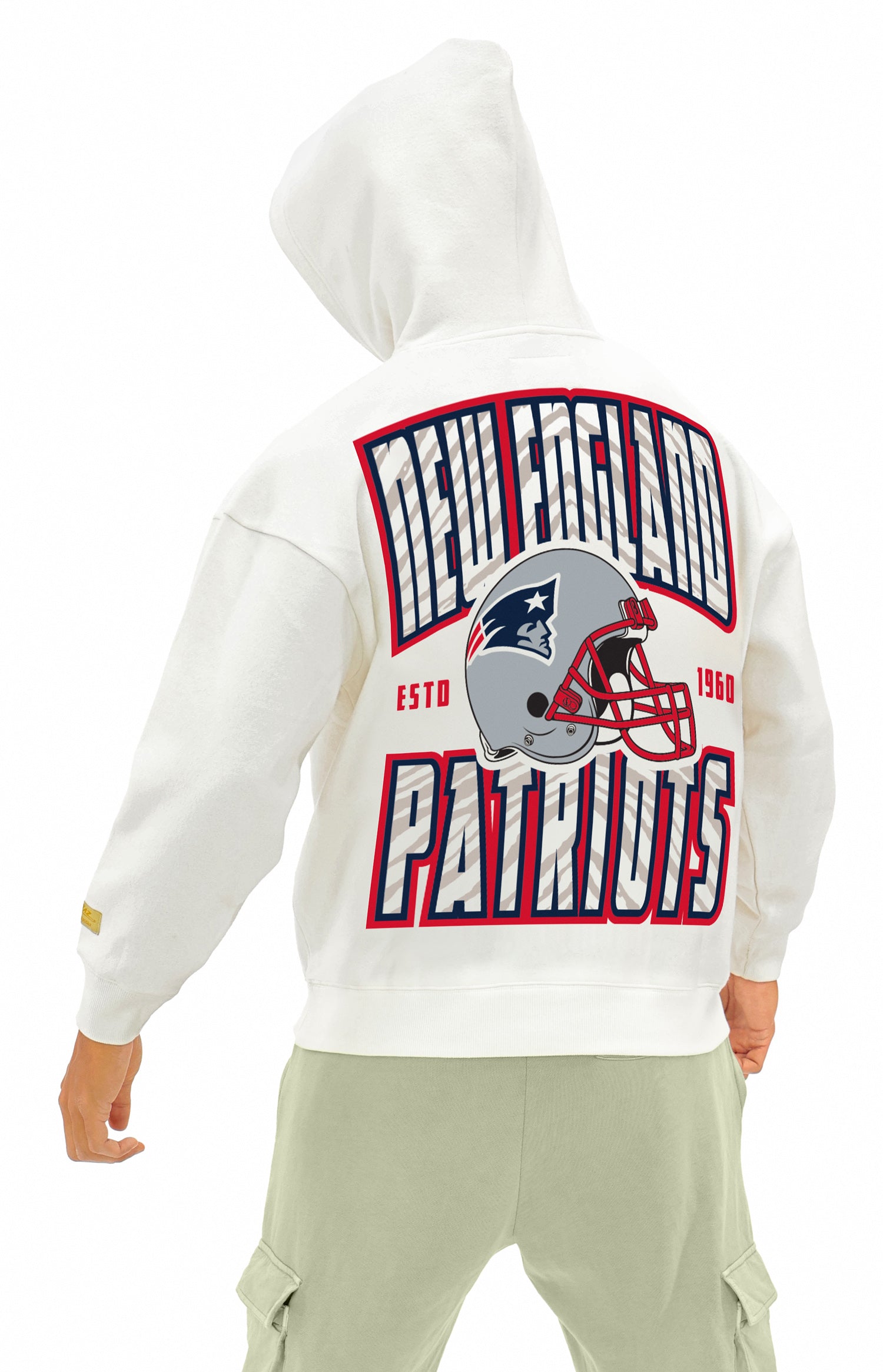Zubaz NFL  UNISEX 90s Helmet Drop Shoulder Hoodies-Off White, NEW ENGLAND PATRIOTS