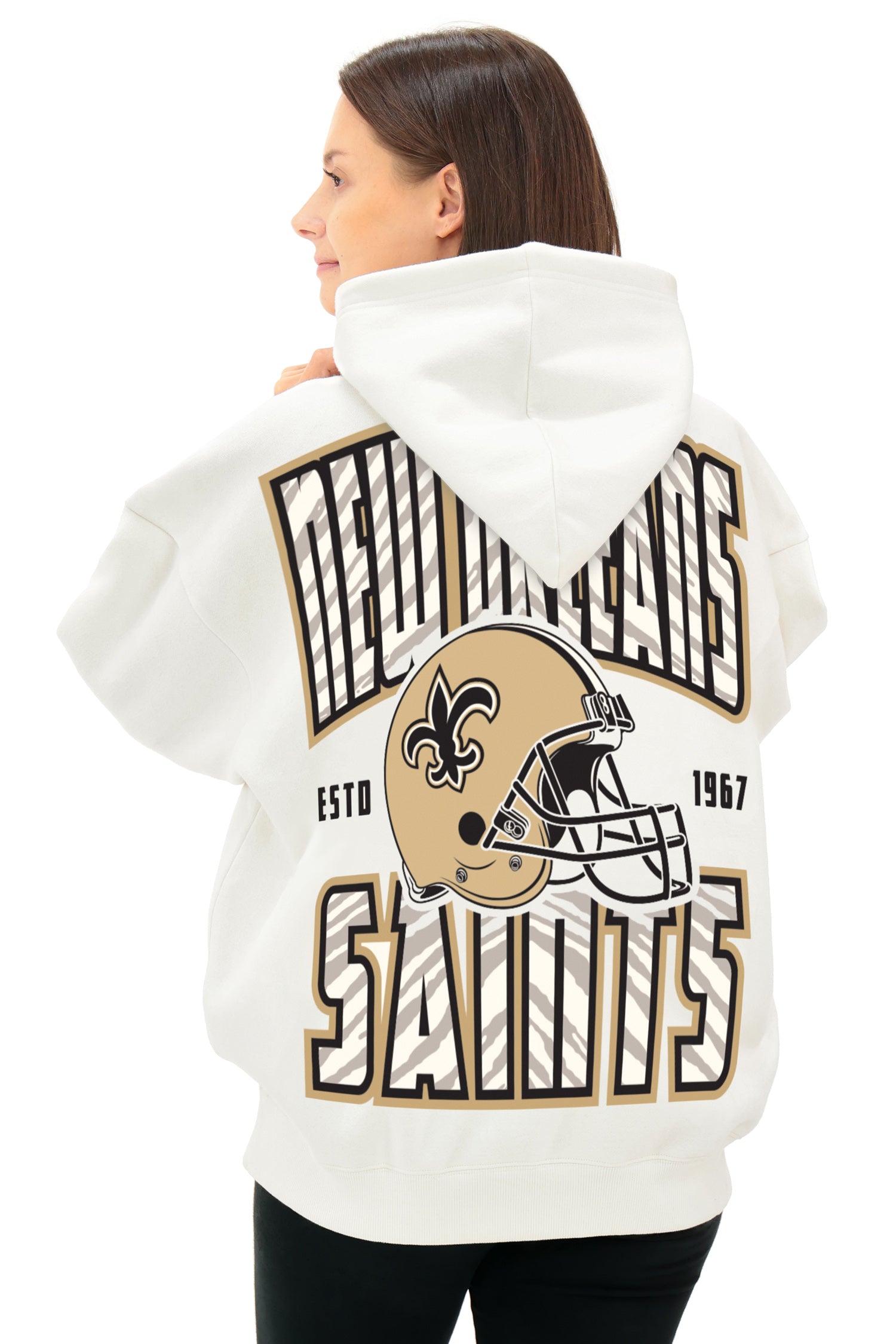 Zubaz NFL  UNISEX 90s Helmet Drop Shoulder Hoodies-Off White, NEW ORLEANS SAINTS