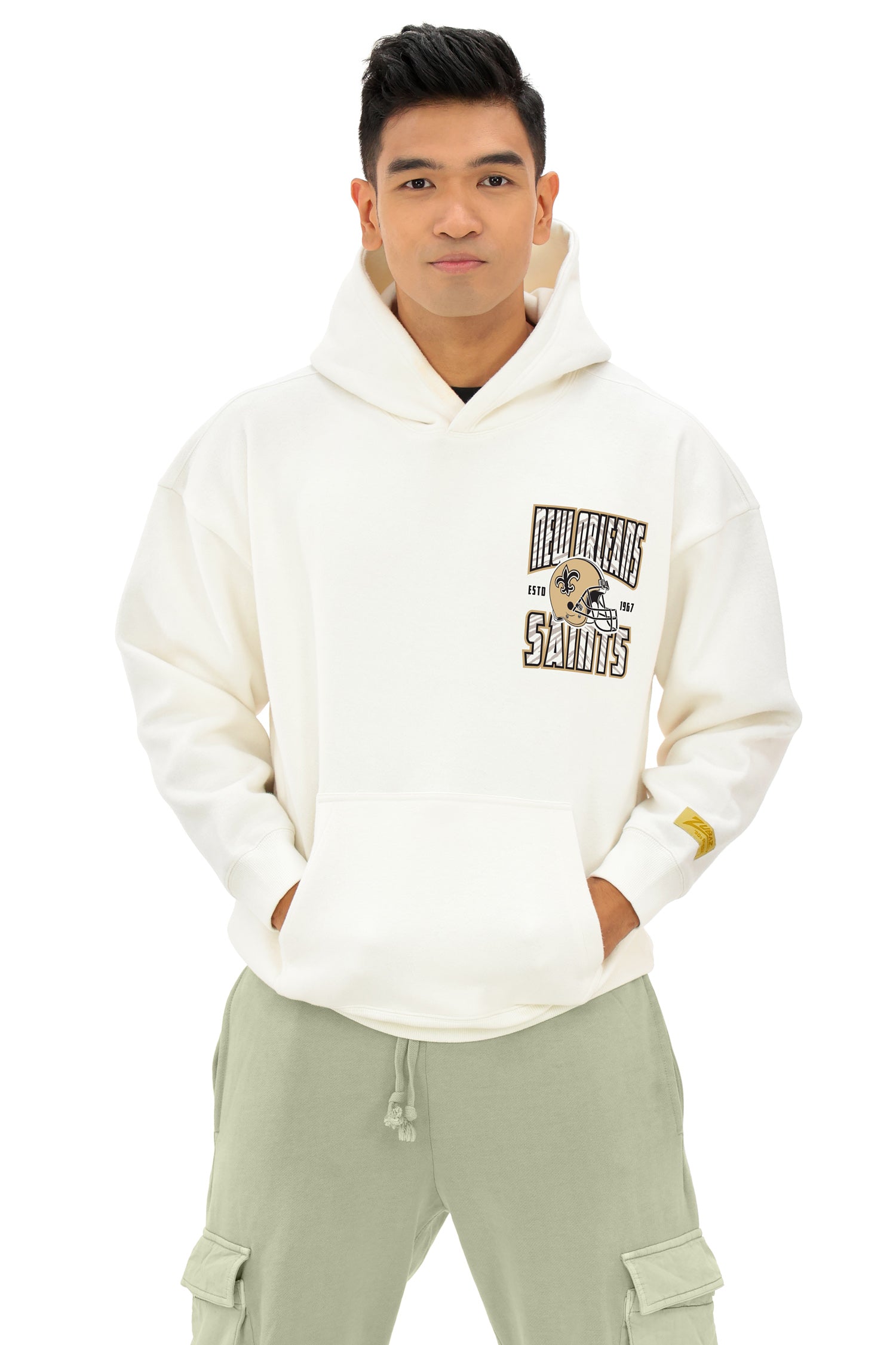 Zubaz NFL  UNISEX 90s Helmet Drop Shoulder Hoodies-Off White, NEW ORLEANS SAINTS