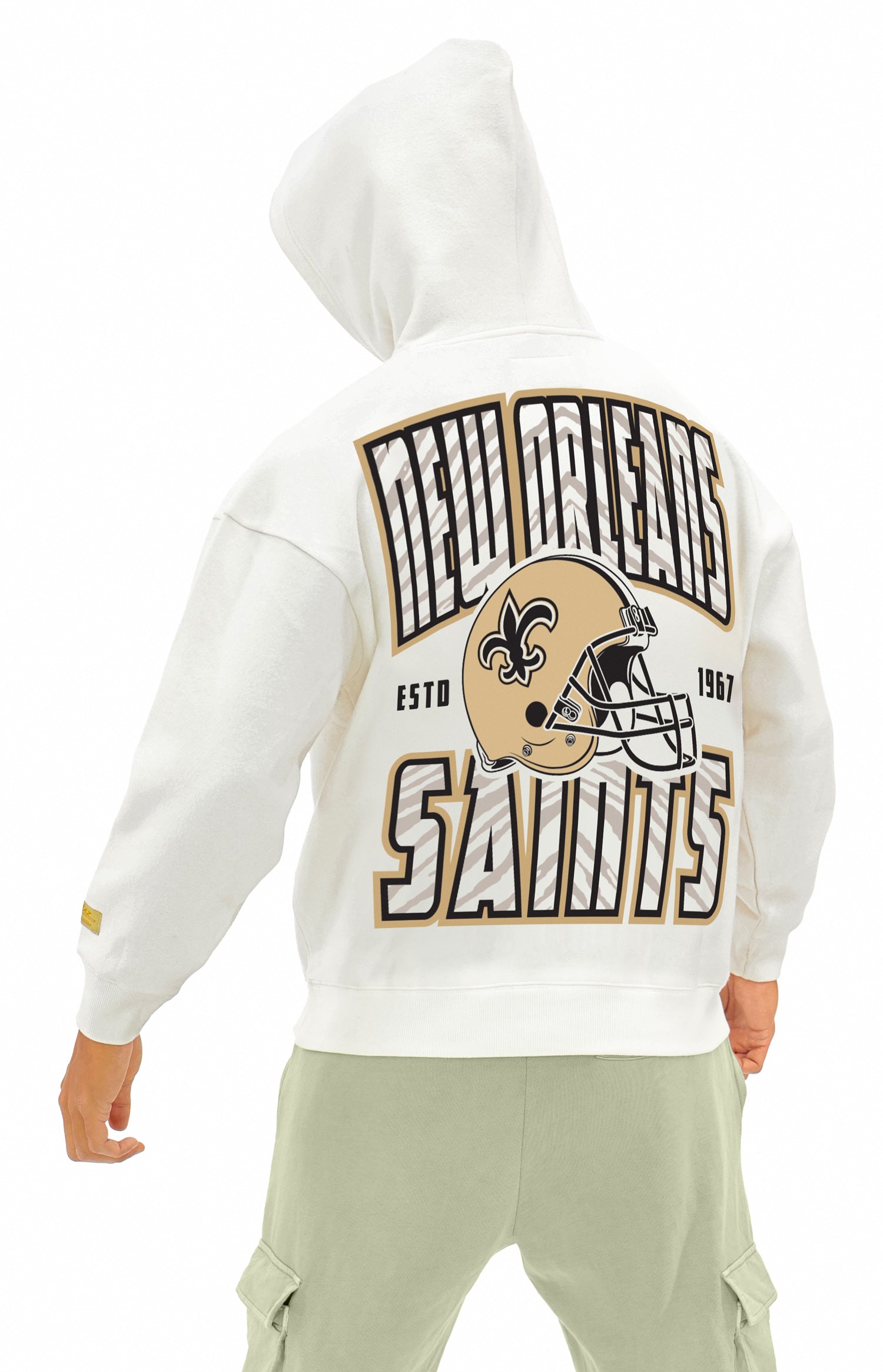 Zubaz NFL  UNISEX 90s Helmet Drop Shoulder Hoodies-Off White, NEW ORLEANS SAINTS