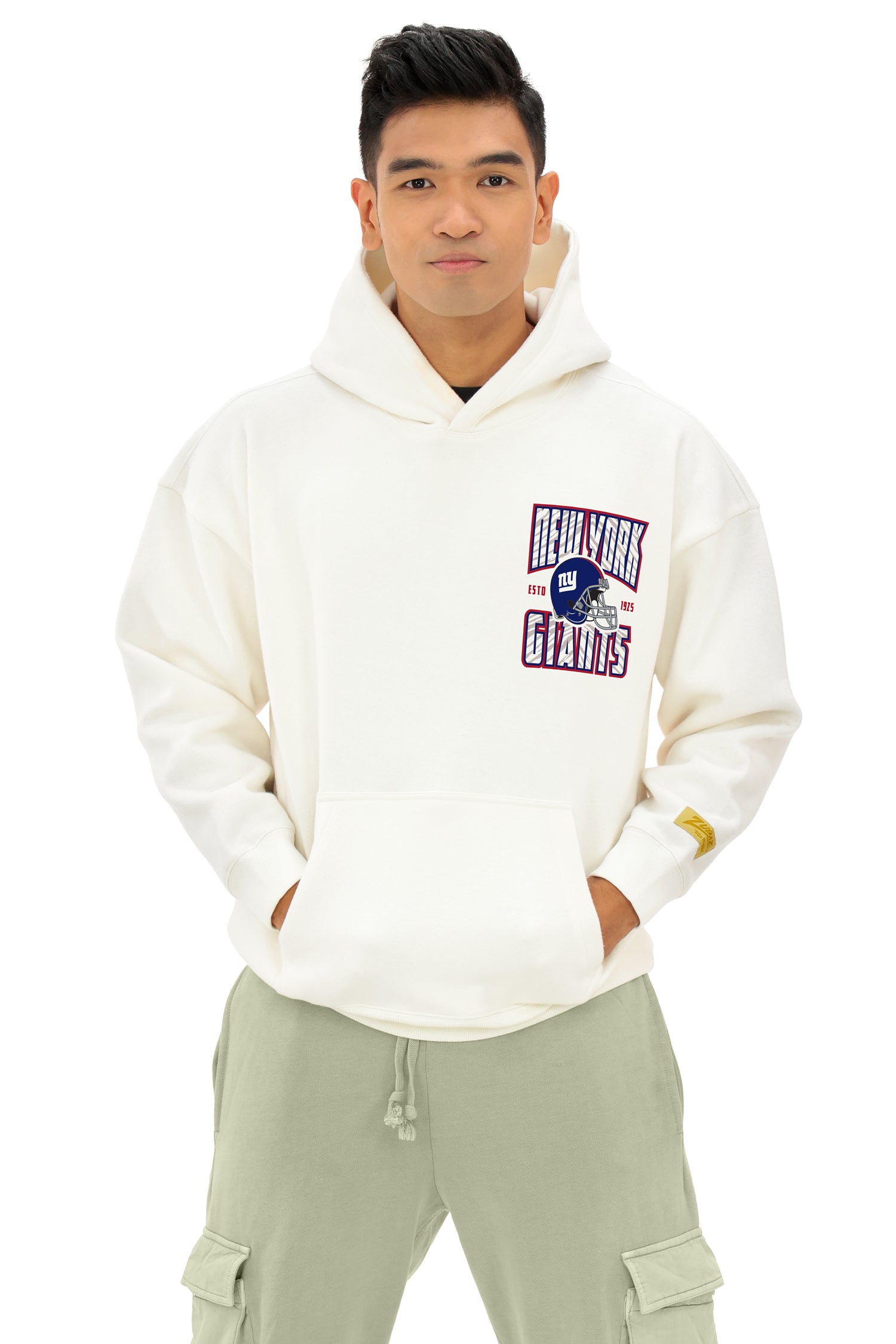 Zubaz NFL  UNISEX 90s Helmet Drop Shoulder Hoodies-Off White, NEW YORK GIANTS