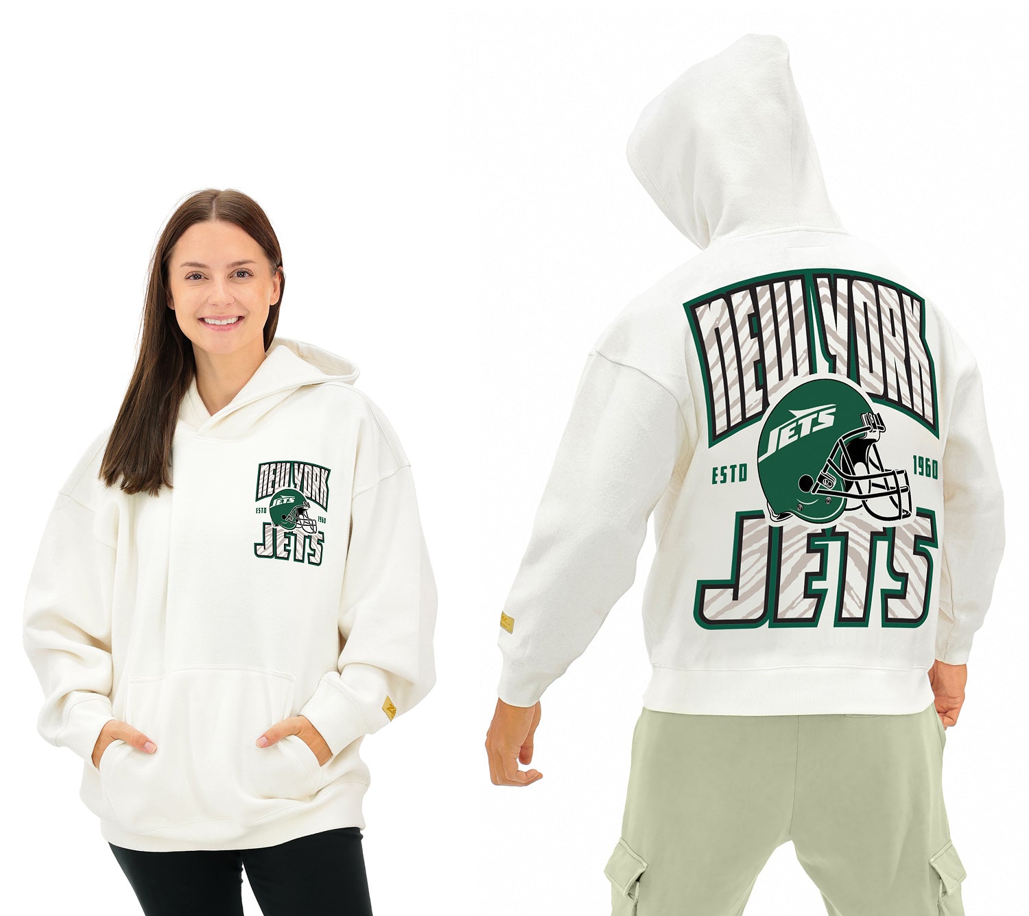Zubaz NFL  UNISEX 90s Helmet Drop Shoulder Hoodies-Off White, NEW YORK JETS