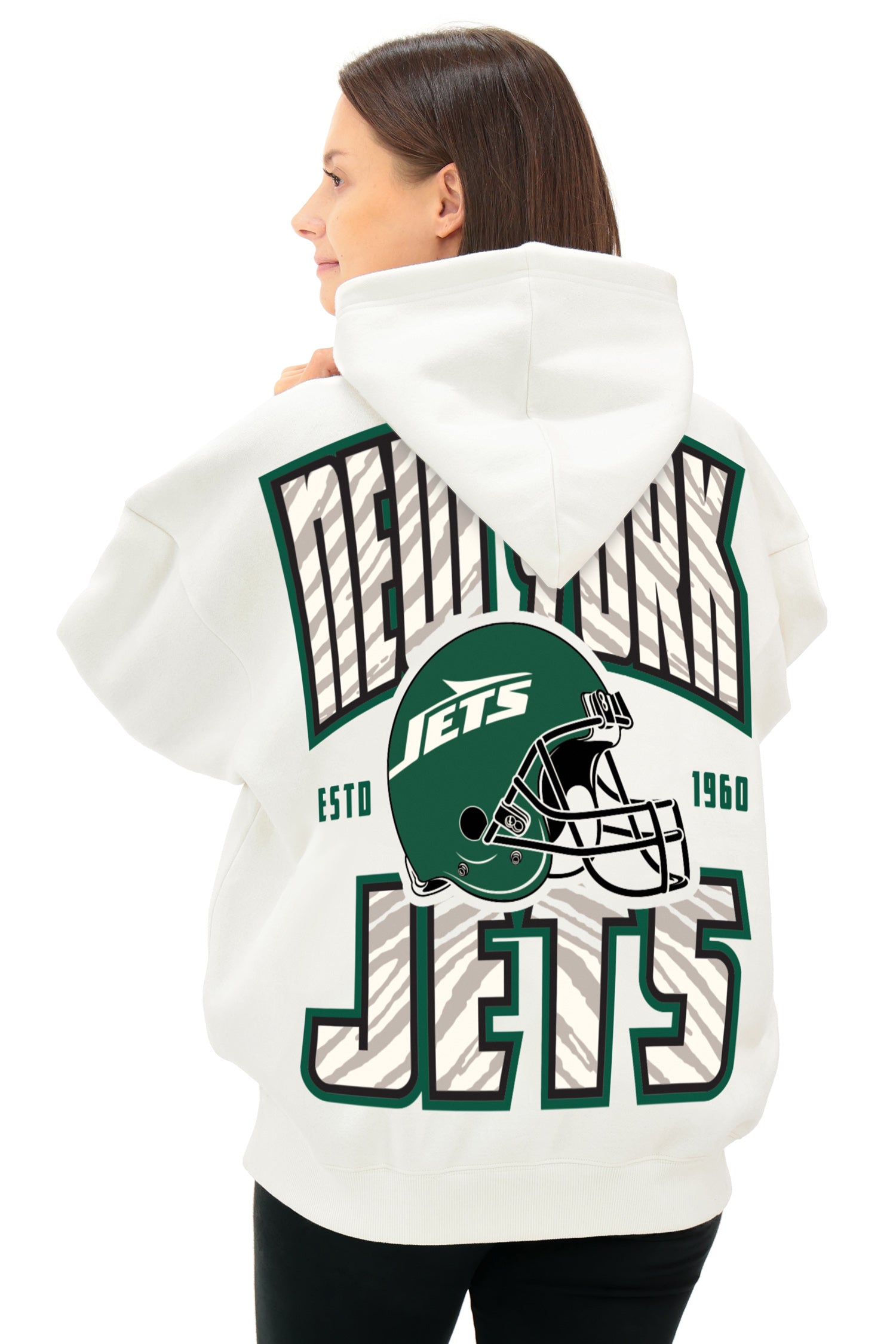 Zubaz NFL  UNISEX 90s Helmet Drop Shoulder Hoodies-Off White, NEW YORK JETS