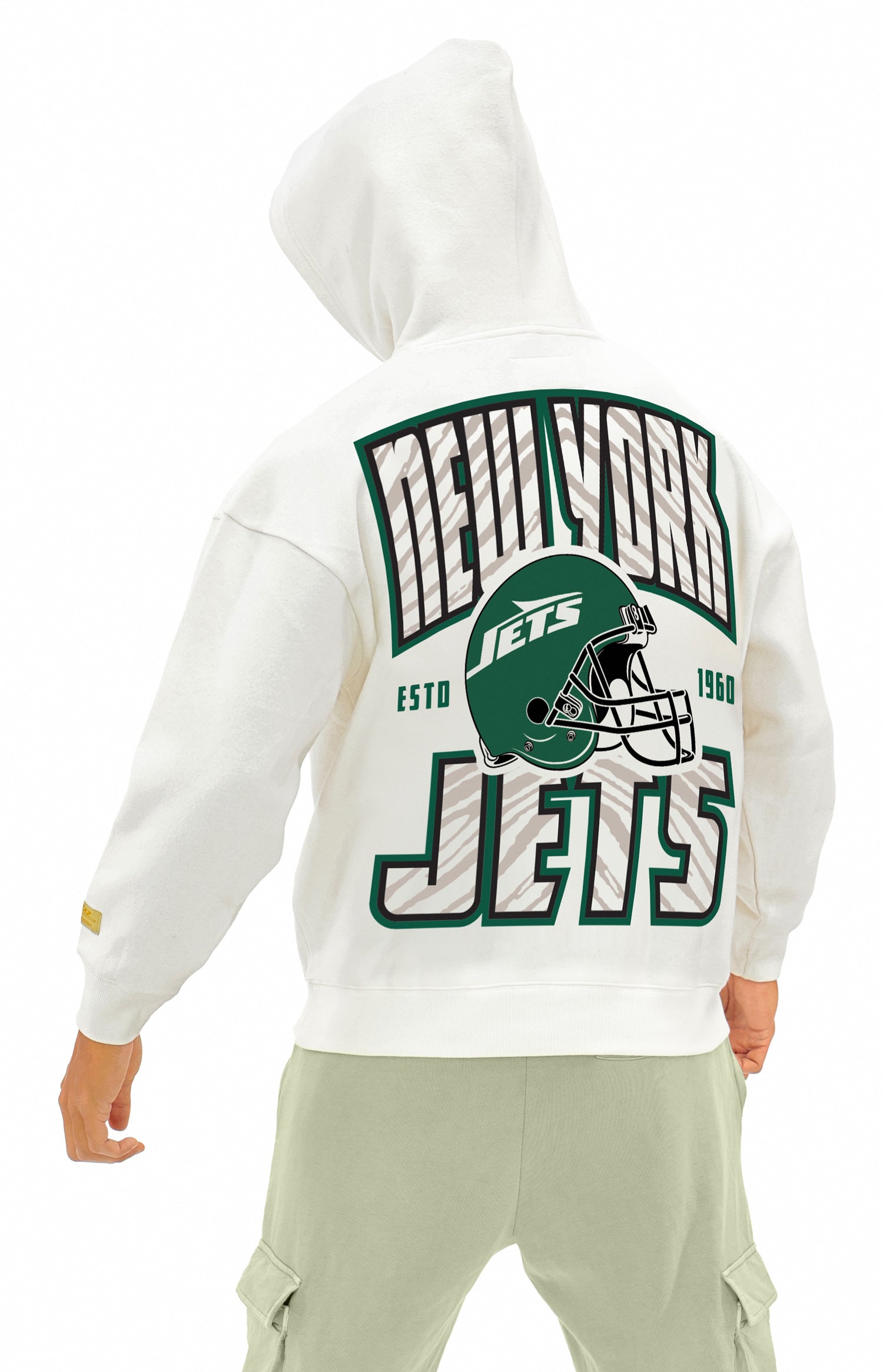 Zubaz NFL  UNISEX 90s Helmet Drop Shoulder Hoodies-Off White, NEW YORK JETS