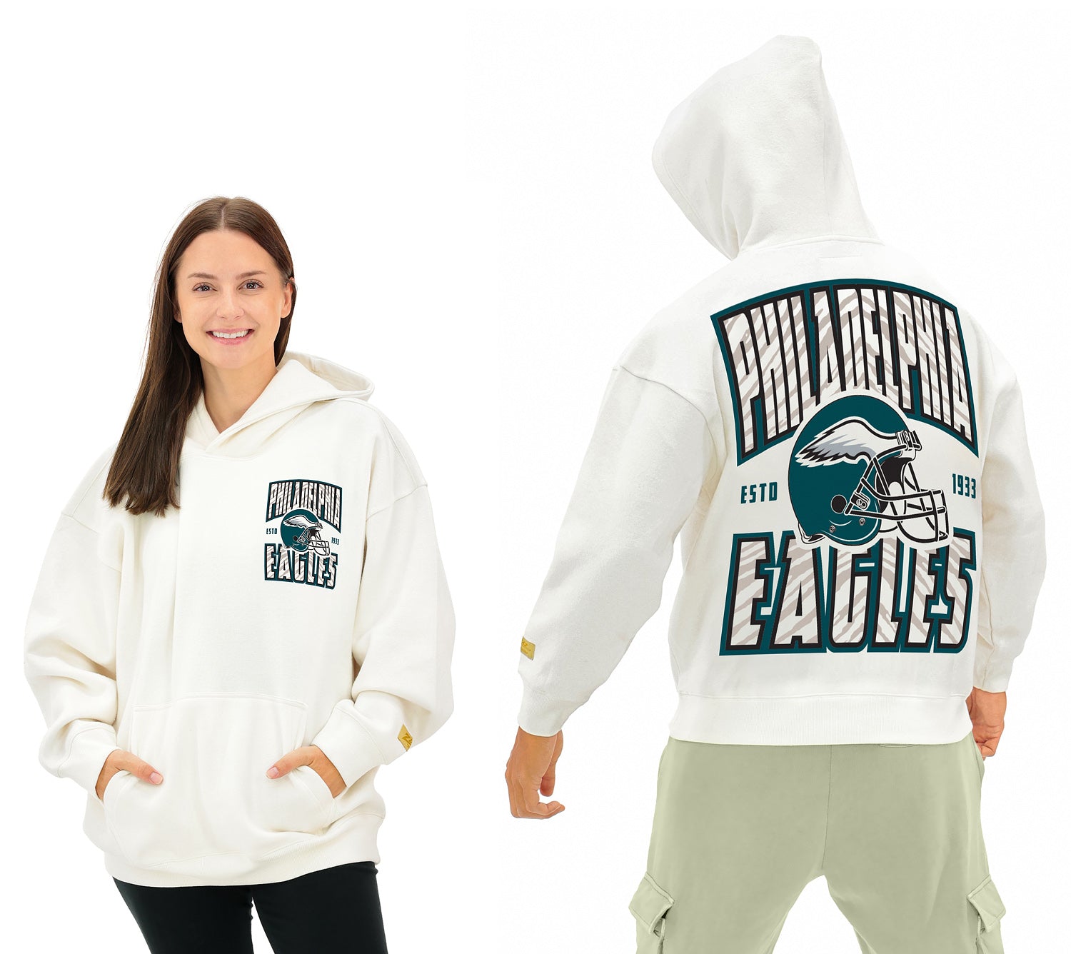 Zubaz NFL  UNISEX 90s Helmet Drop Shoulder Hoodies-Off White, PHILADELPHIA EAGLES