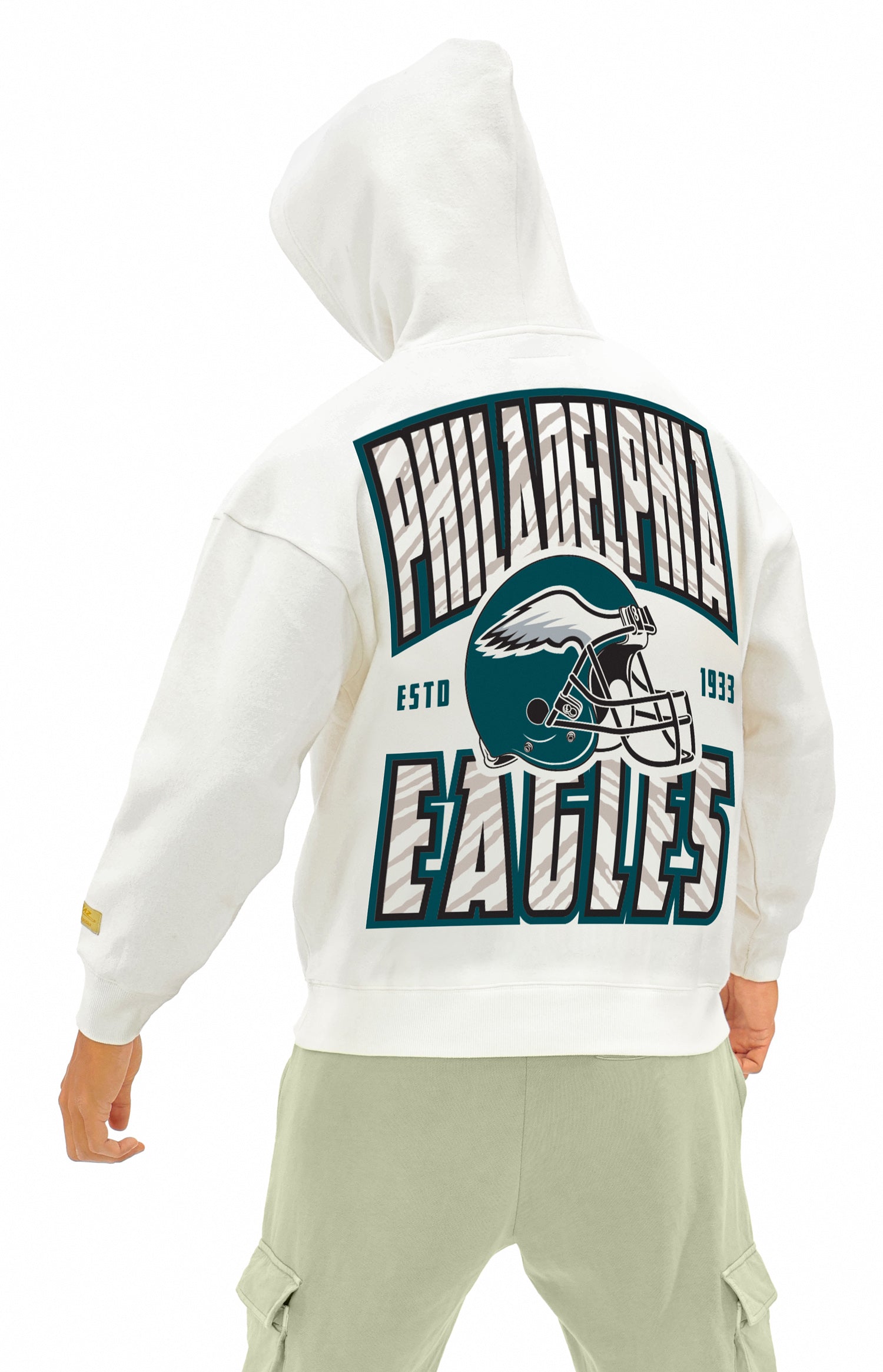Zubaz NFL  UNISEX 90s Helmet Drop Shoulder Hoodies-Off White, PHILADELPHIA EAGLES - Official NFL Eagles Zubaz Apparel (5 of 7