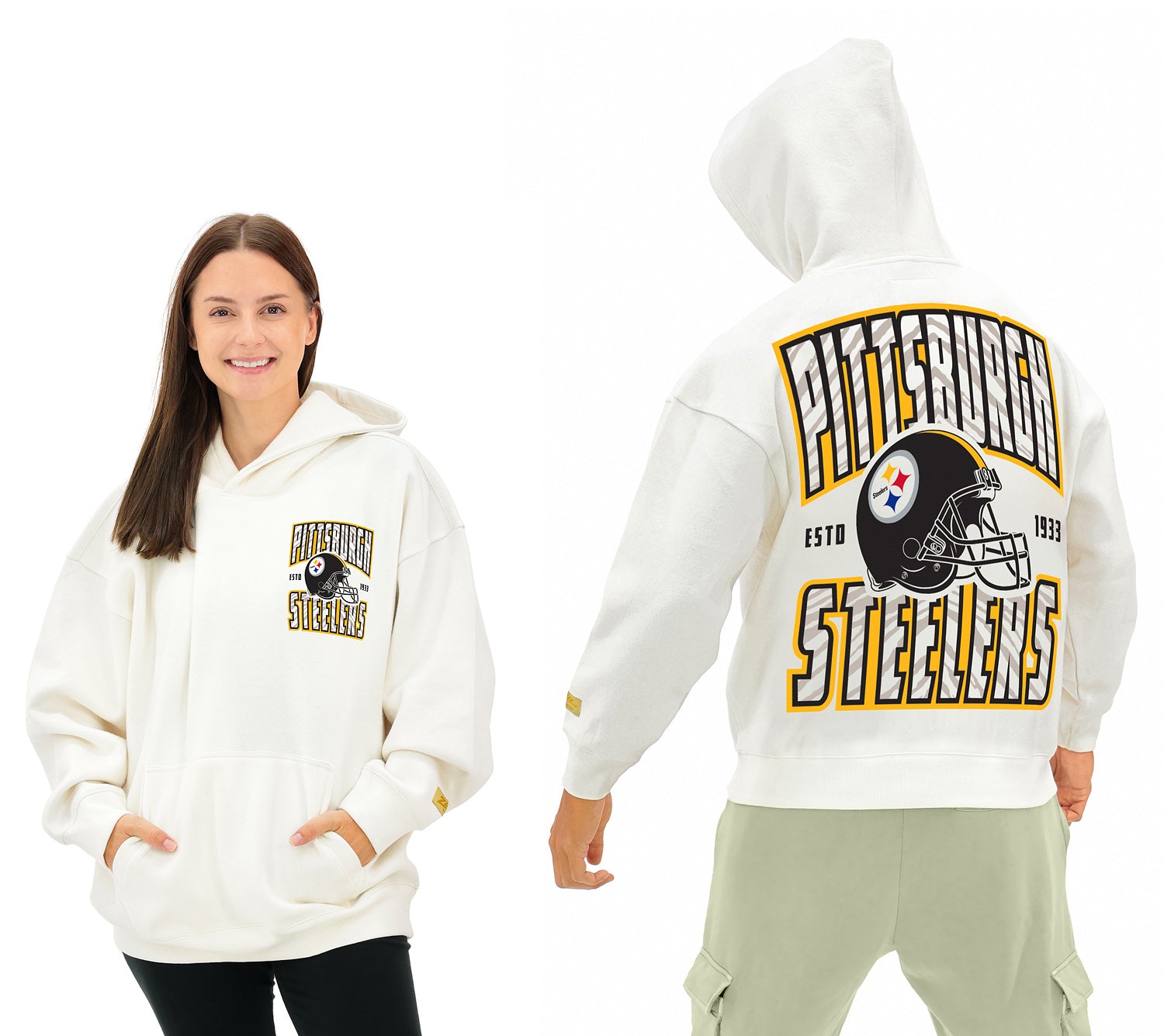 Zubaz NFL  UNISEX 90s Helmet Drop Shoulder Hoodies-Off White, PITTSBURGH STEELERS