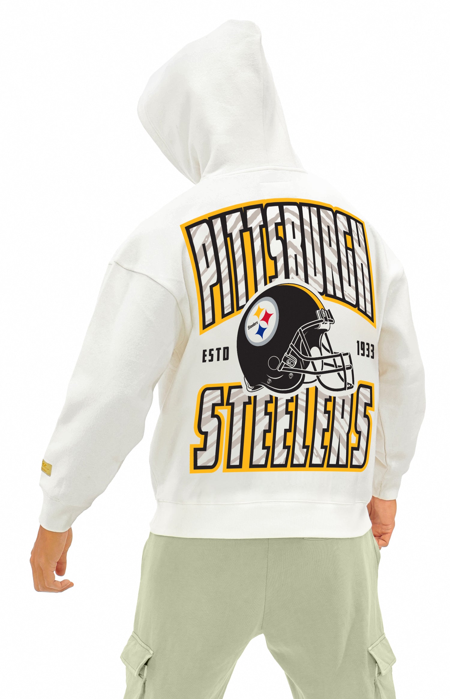 Zubaz NFL  UNISEX 90s Helmet Drop Shoulder Hoodies-Off White, PITTSBURGH STEELERS - Official NFL Steelers Zubaz Apparel (5 of