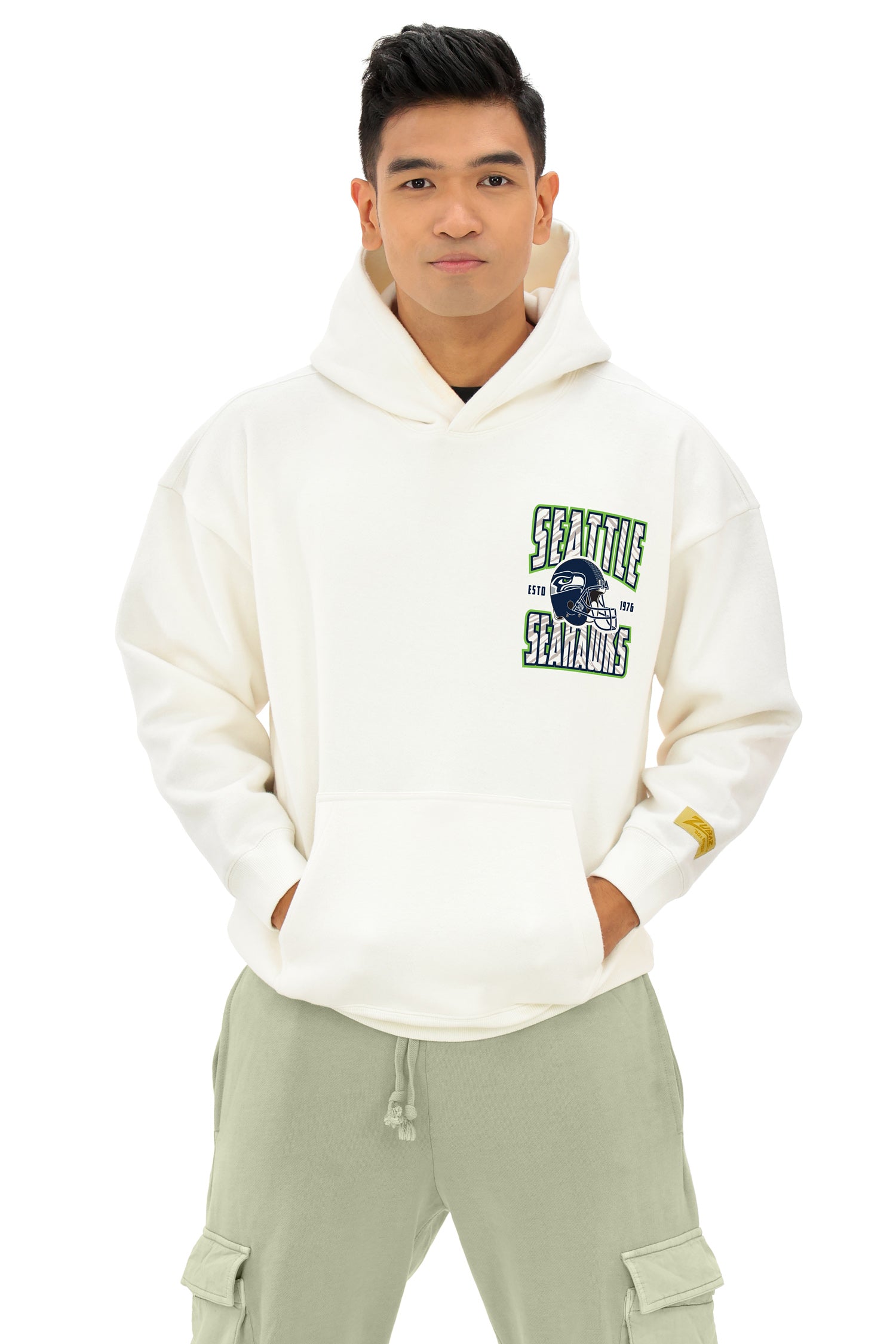 Zubaz NFL  UNISEX 90s Helmet Drop Shoulder Hoodies-Off White, SEATTLE SEAHAWKS - Official NFL Seahawks Zubaz Apparel (4 of 14