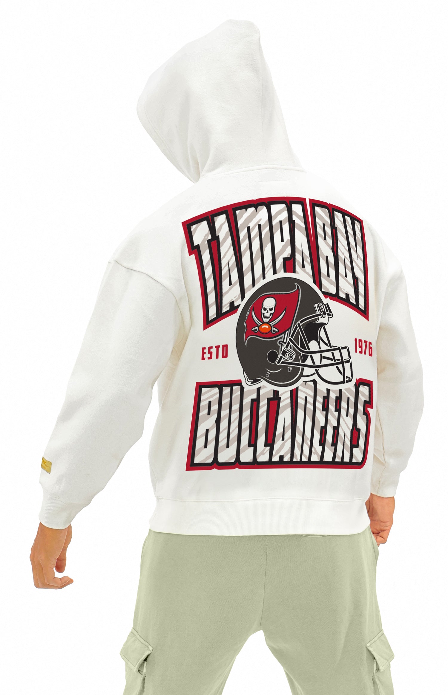 Zubaz NFL  UNISEX 90s Helmet Drop Shoulder Hoodies-Off White, TAMPA BAY BUCCANEERS