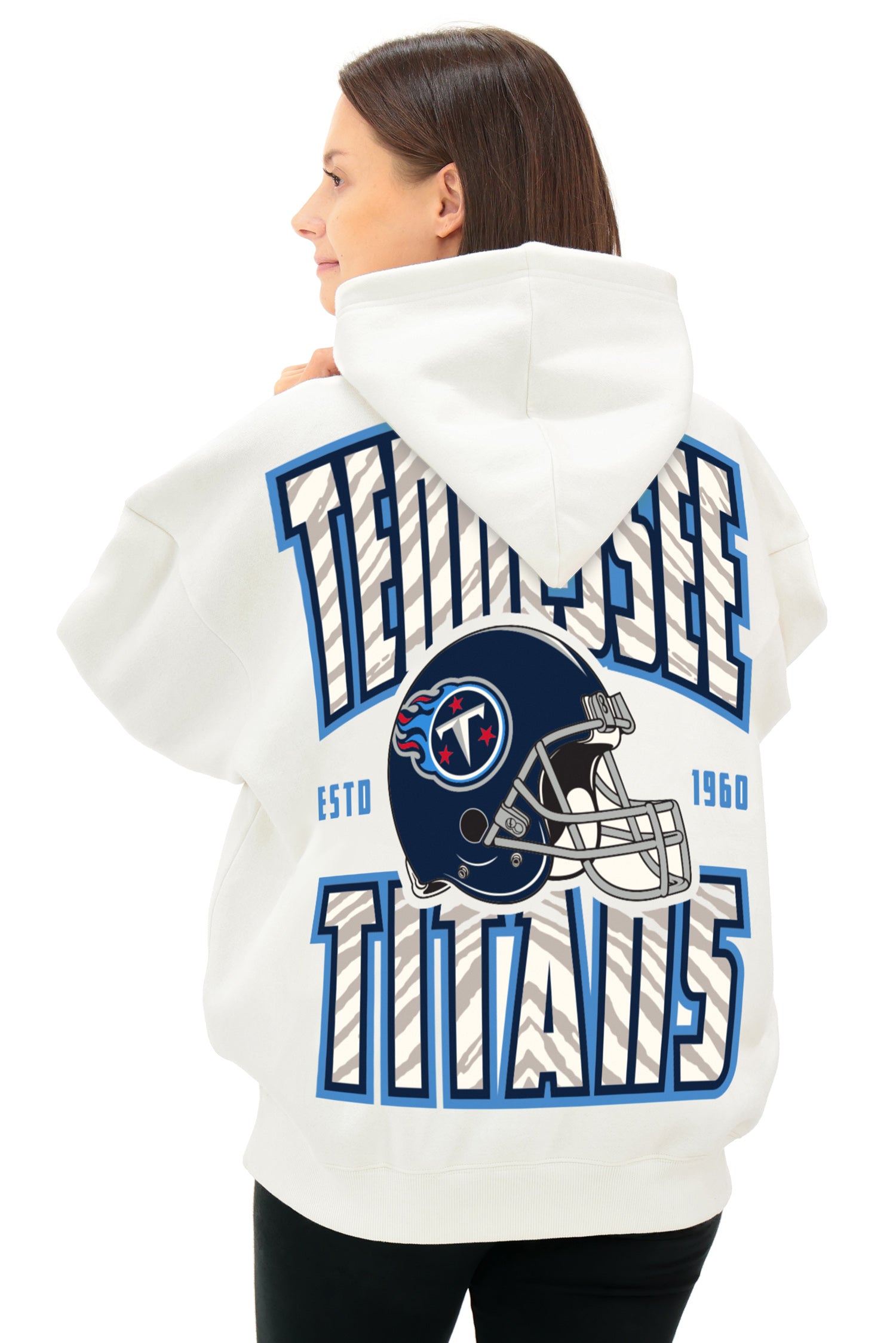Zubaz NFL  UNISEX 90s Helmet Drop Shoulder Hoodies-Off White, TENNESSEE TITANS