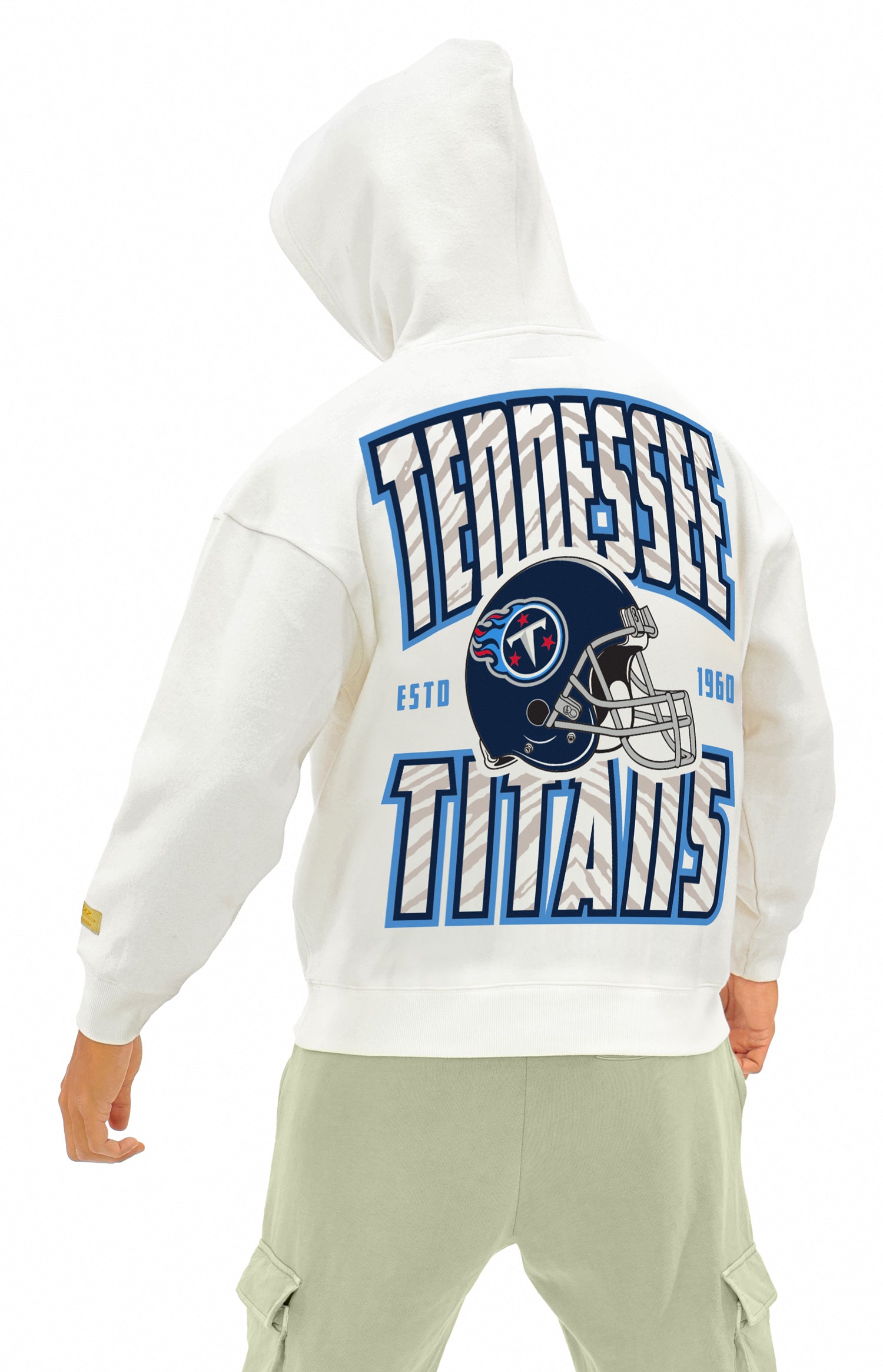 Zubaz NFL  UNISEX 90s Helmet Drop Shoulder Hoodies-Off White, TENNESSEE TITANS