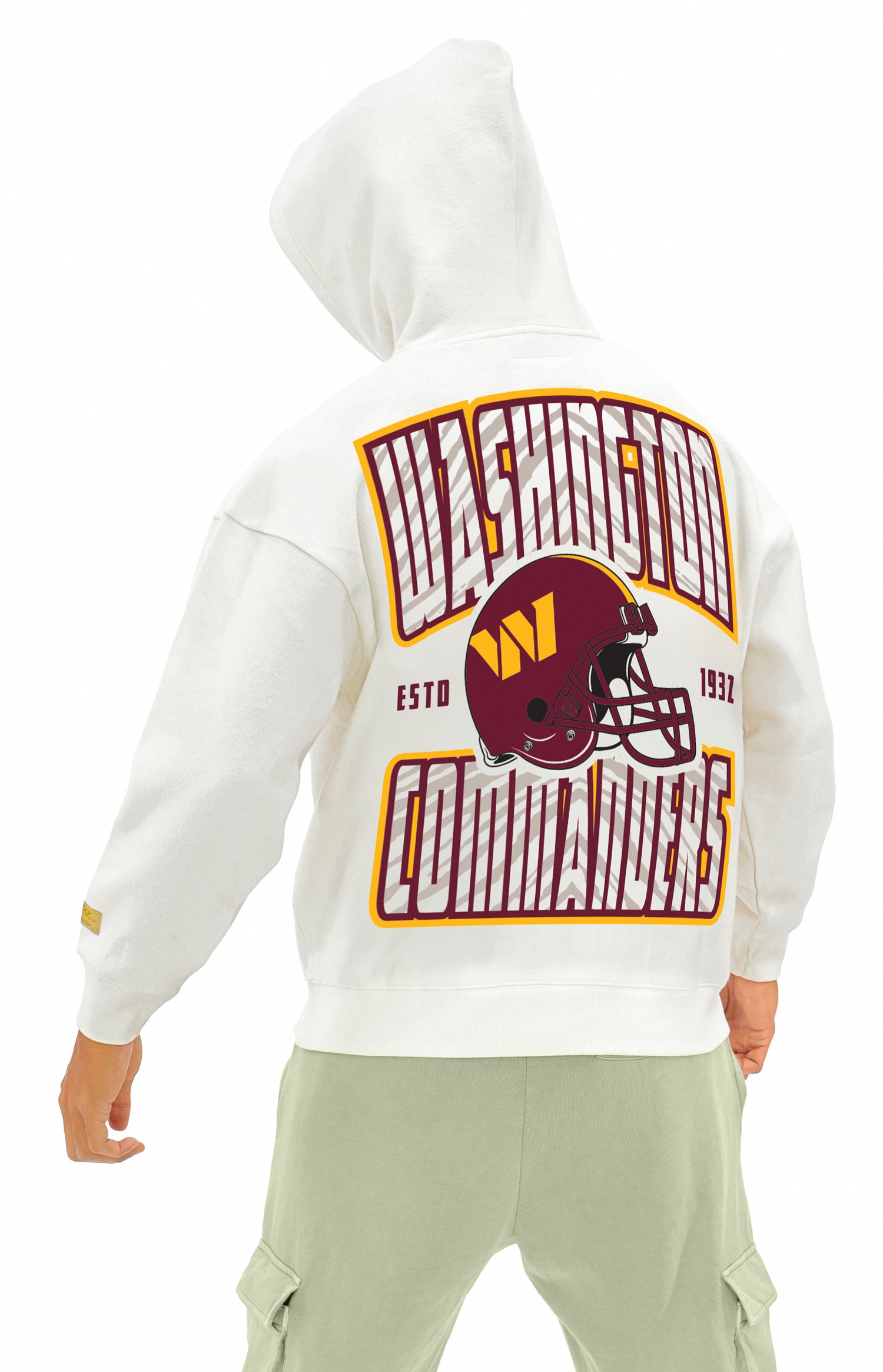Zubaz NFL  UNISEX 90s Helmet Drop Shoulder Hoodies-Off White, WASHINGTON COMMANDERS