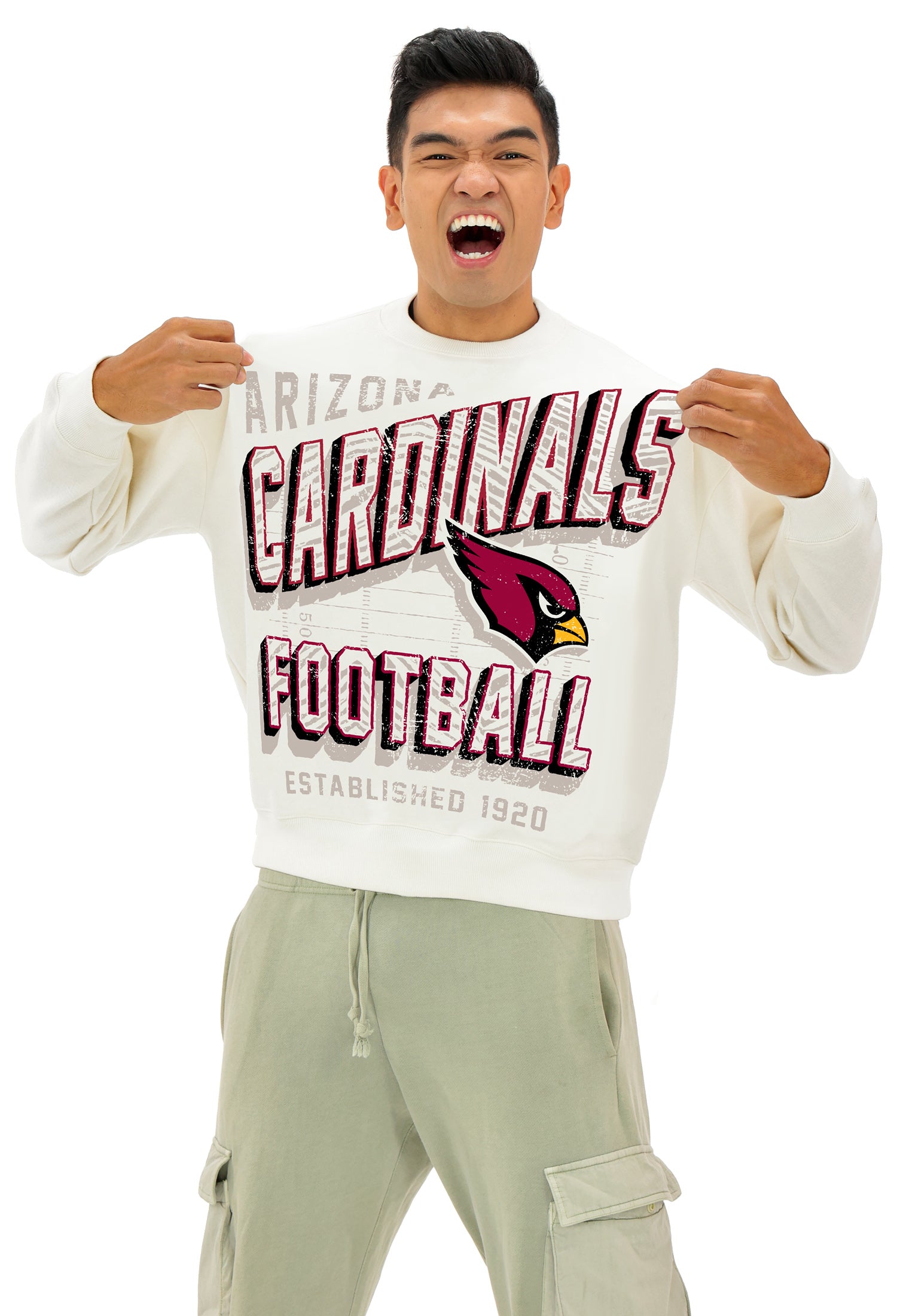 Zubaz NFL  UNISEX 90s Vintage First Down Drop Shoulder Crewneck- Off White, ARIZONA CARDINALS - Official NFL Cardinals Zubaz 