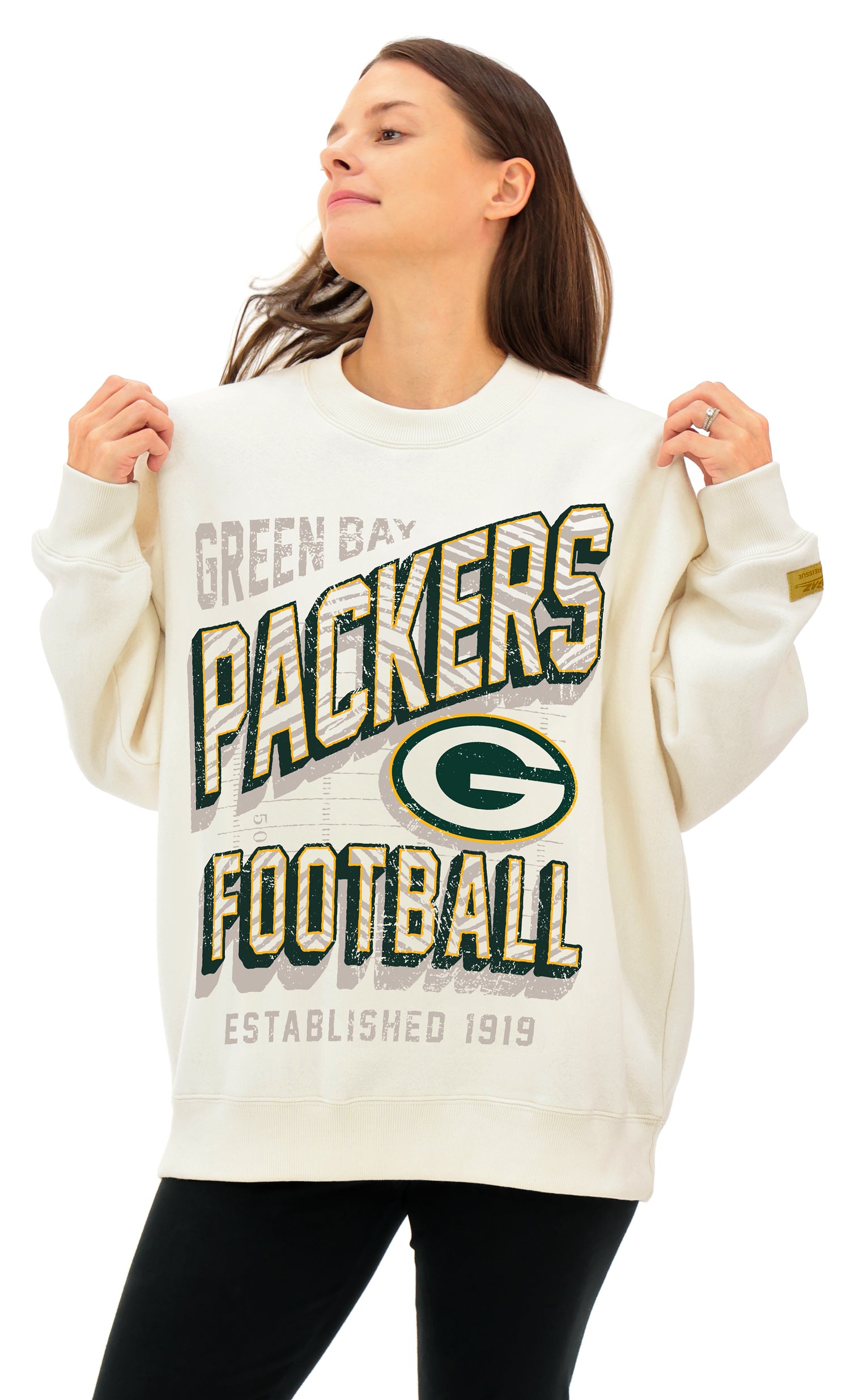 Zubaz NFL  UNISEX 90s Vintage First Down Drop Shoulder Crewneck- Off White, GREEN BAY PACKERS