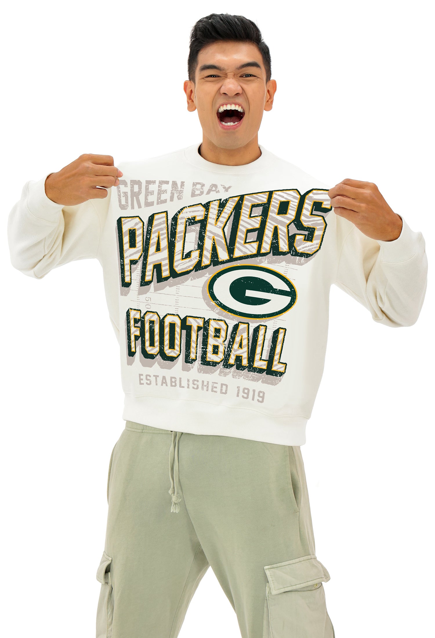 Zubaz NFL  UNISEX 90s Vintage First Down Drop Shoulder Crewneck- Off White, GREEN BAY PACKERS - Official NFL Packers Zubaz Ap