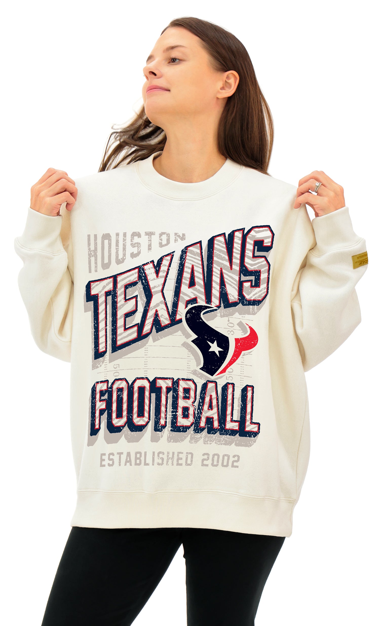 Zubaz NFL  UNISEX 90s Vintage First Down Drop Shoulder Crewneck- Off White, HOUSTON TEXANS