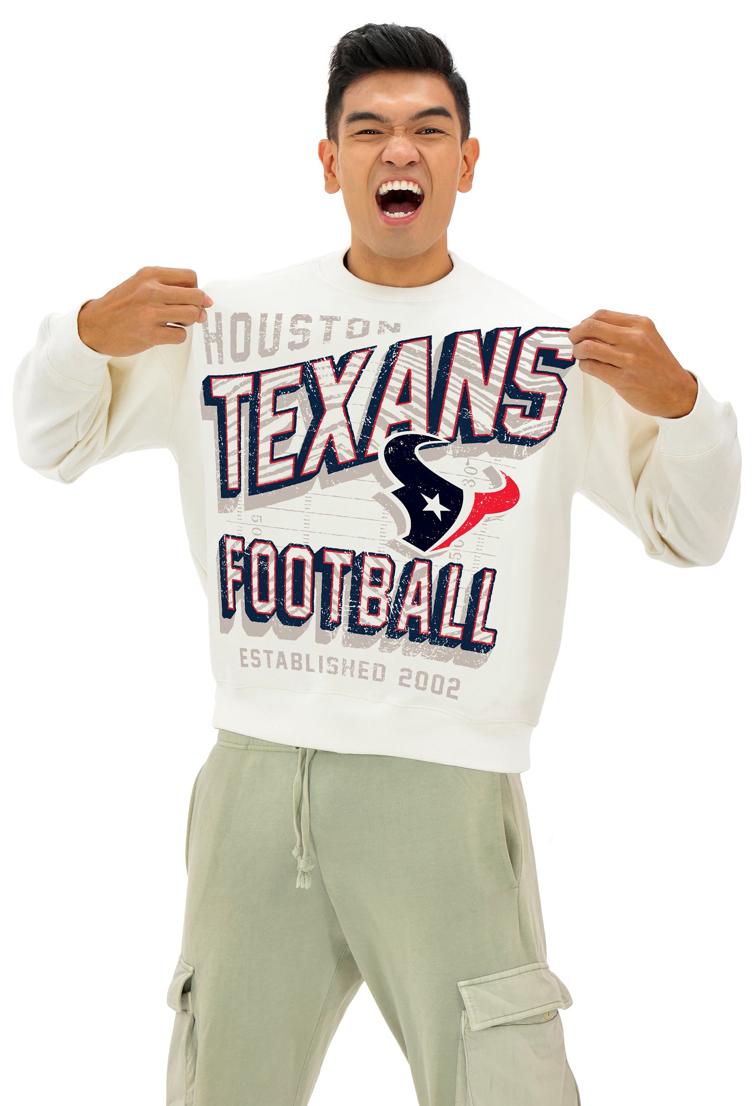 Zubaz NFL  UNISEX 90s Vintage First Down Drop Shoulder Crewneck- Off White, HOUSTON TEXANS