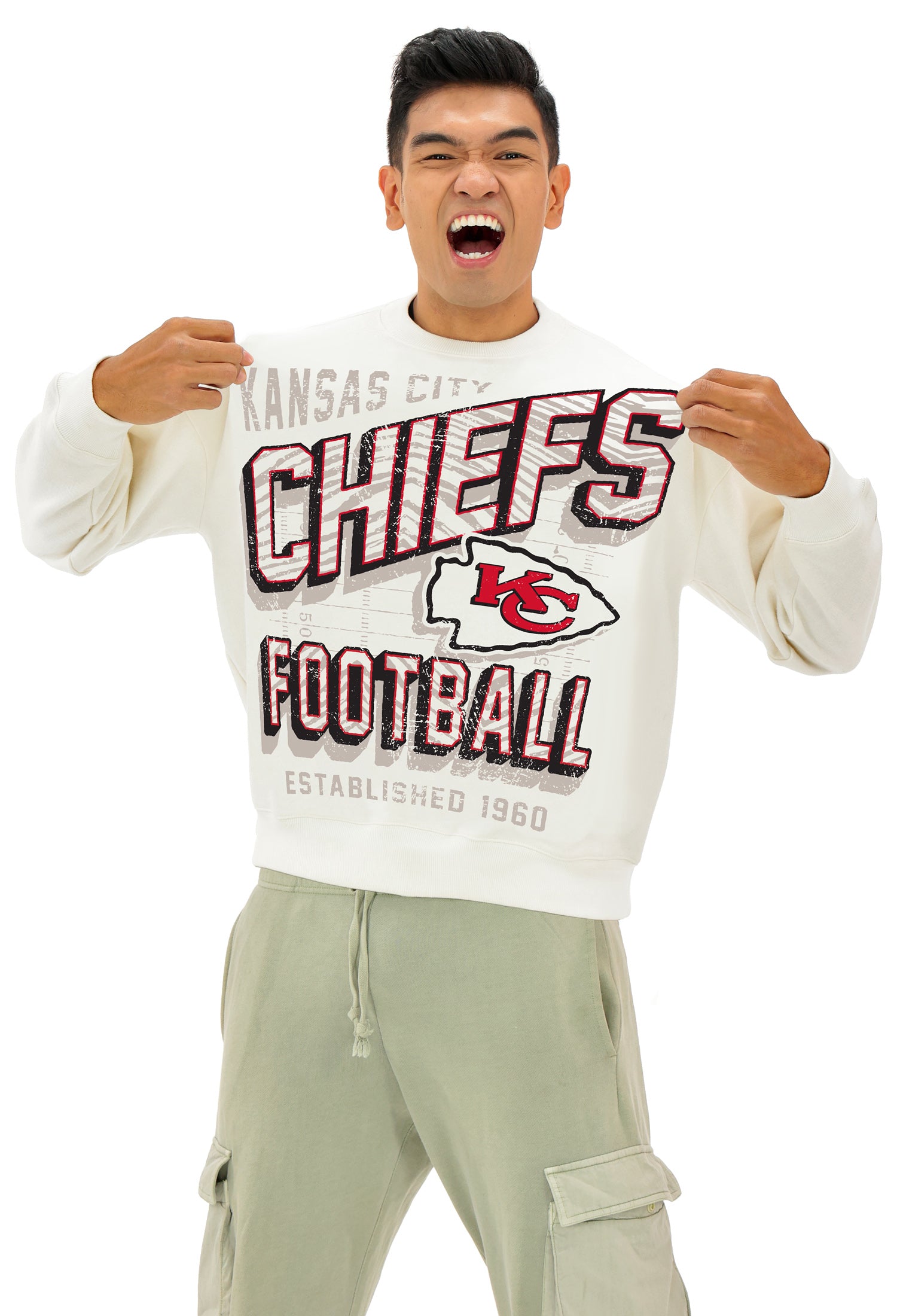 Zubaz NFL  UNISEX 90s Vintage First Down Drop Shoulder Crewneck- Off White, KANSAS CITY CHIEFS