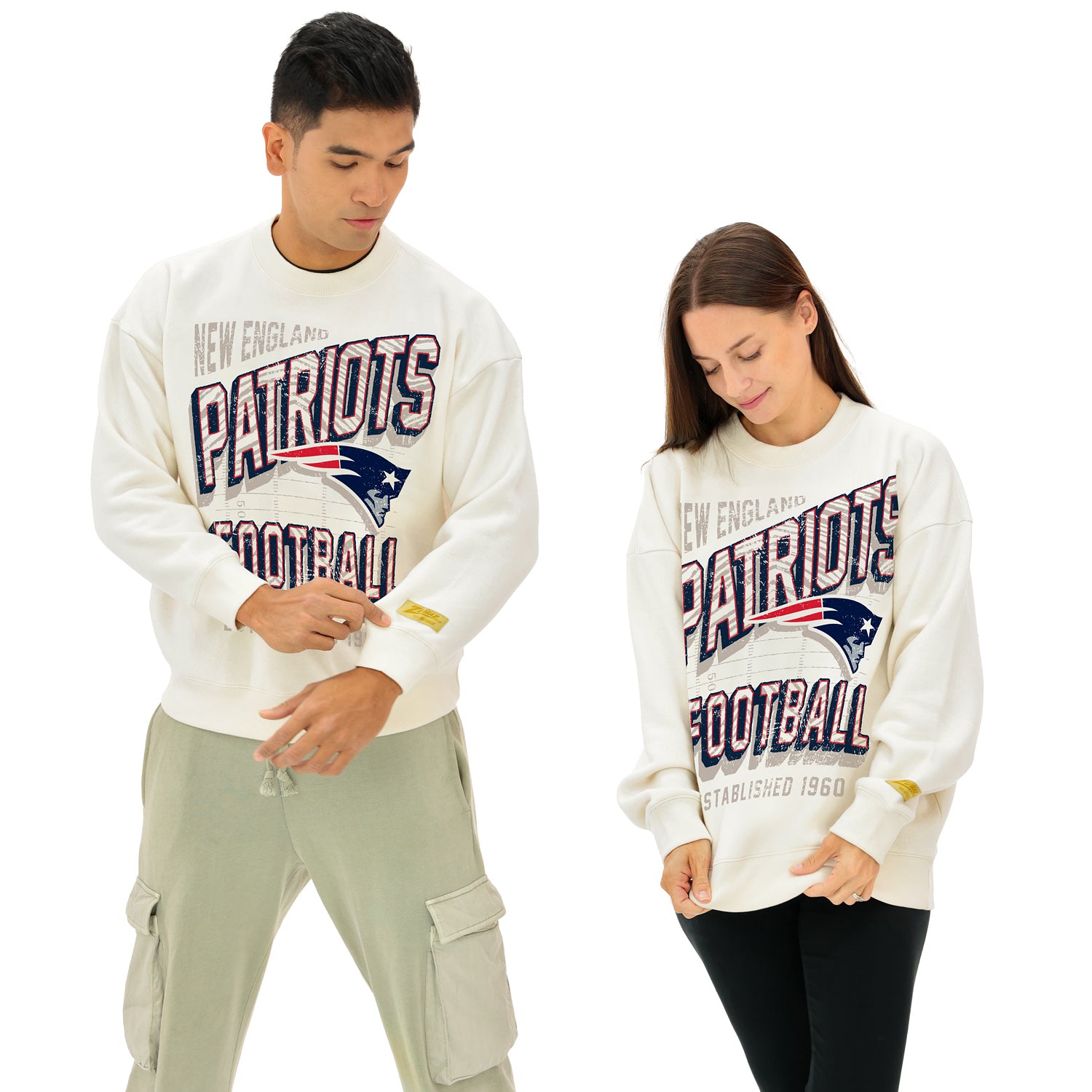 Zubaz NFL  UNISEX 90s Vintage First Down Drop Shoulder Crewneck- Off White, NEW ENGLAND PATRIOTS