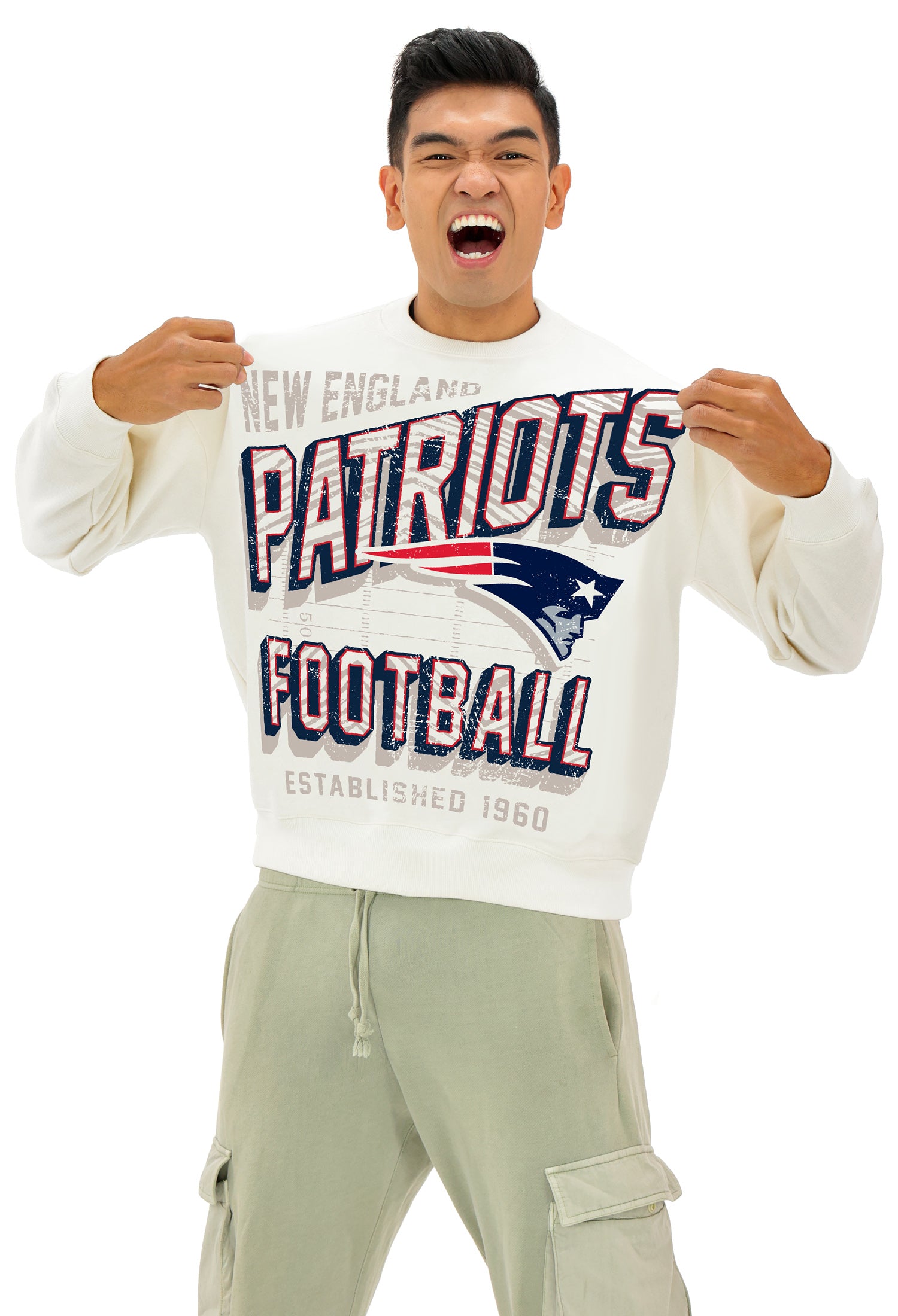 Zubaz NFL  UNISEX 90s Vintage First Down Drop Shoulder Crewneck- Off White, NEW ENGLAND PATRIOTS